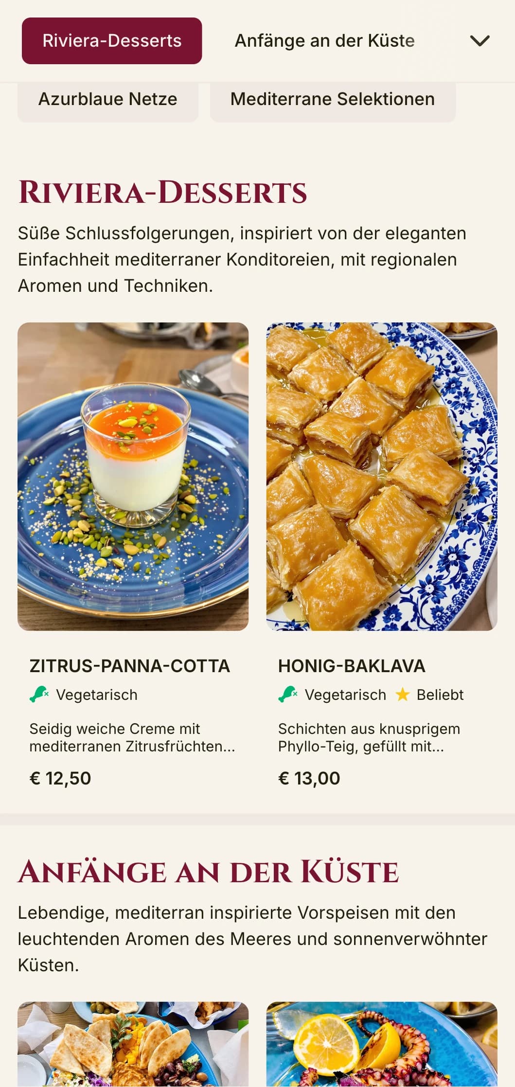 Auffälliges, mediterran inspiriertes Design für Mittagsmenüs mit lebhaften Akzenten und elegantem Layout, perfekt für gehobene Restaurants am Meer und an Urlaubsorten.