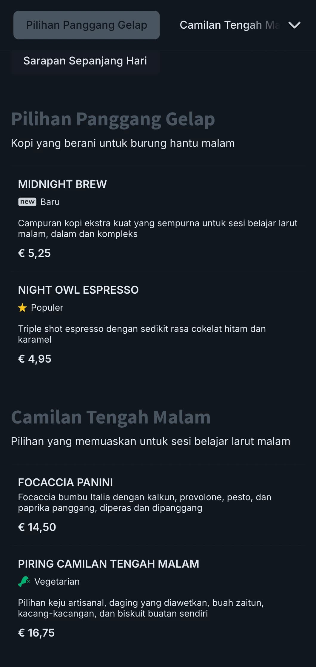 Warna biru tua dan abu-abu untuk kafe belajar larut malam dan kedai kopi 24 jam.