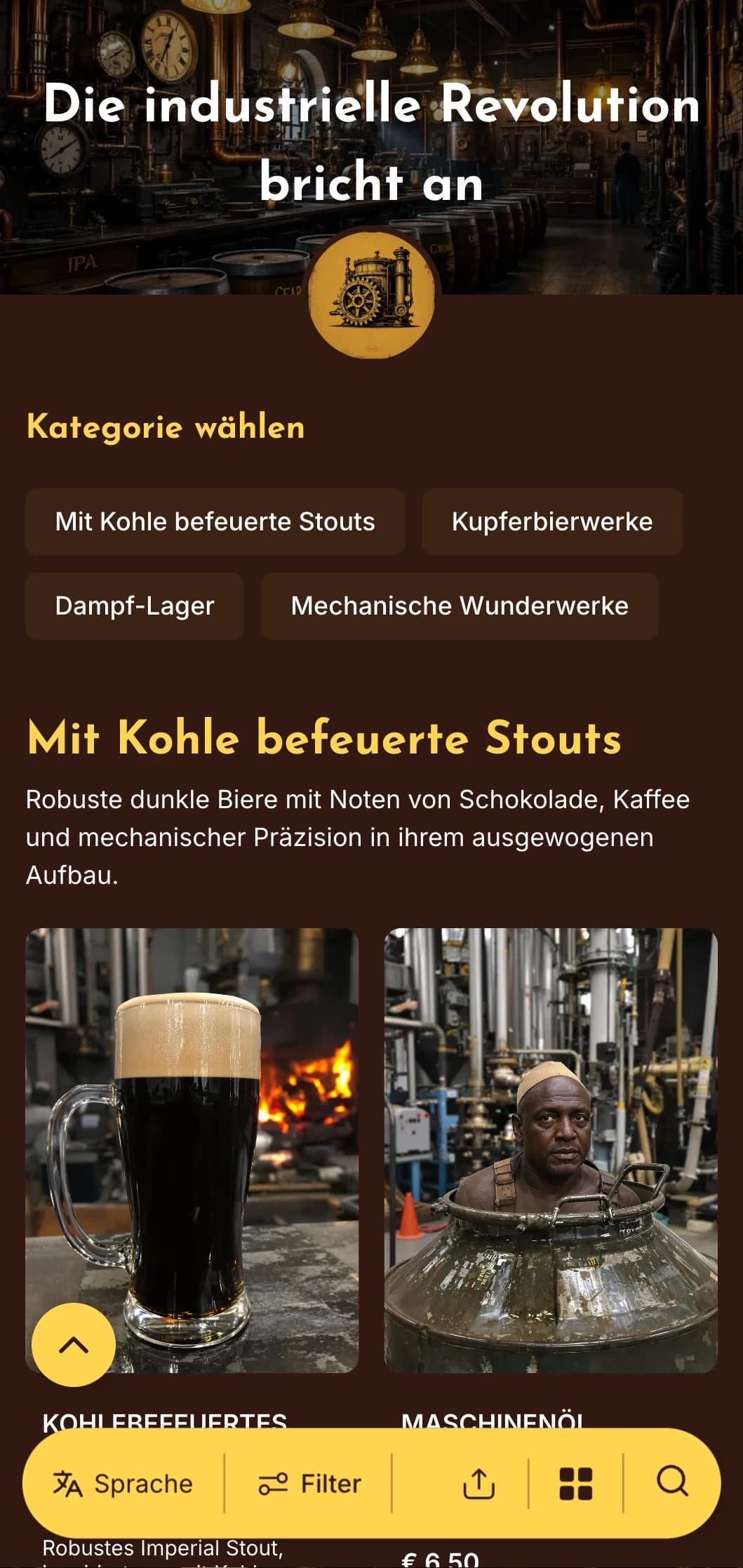 Dampfbetriebene Industrieästhetik mit Messingakzenten und mechanischen Elementen, perfekt für Brauereien mit Steampunk-Thema.