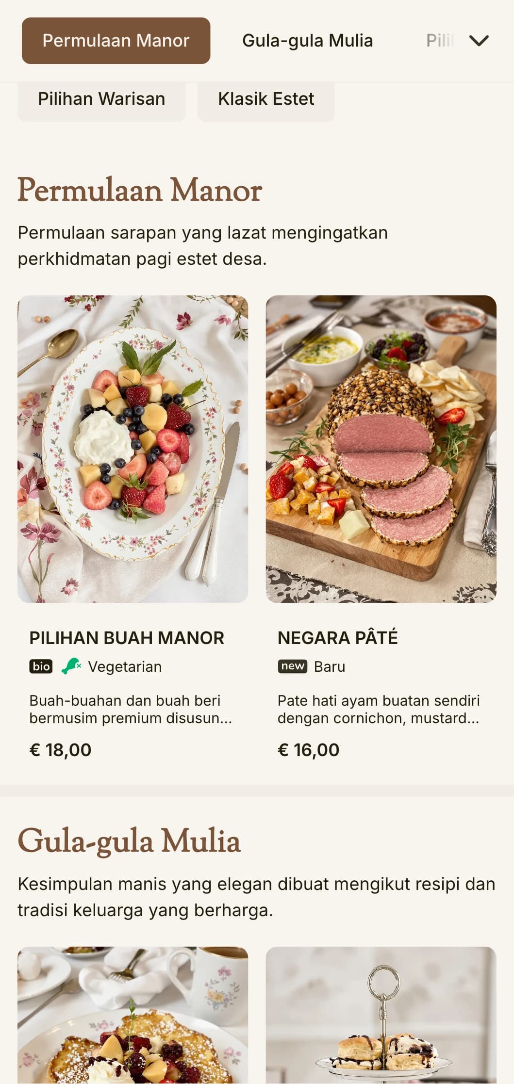Persembahan pagi yang terkenal mengingatkan santapan estet desa, disajikan dengan keanggunan tradisional.