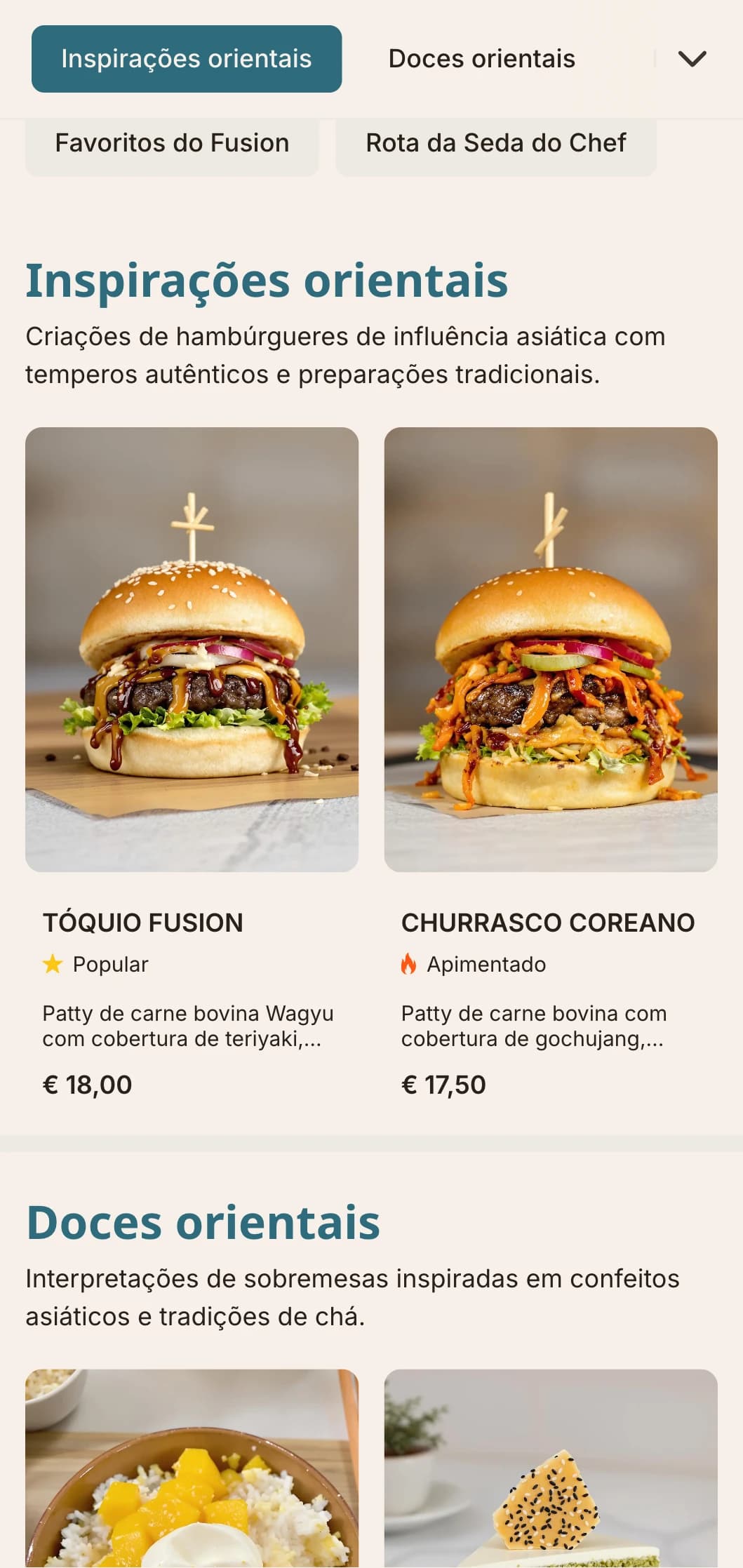 Fusão de hambúrgueres do Oriente com o Ocidente, com sabores de inspiração asiática e apresentação contemporânea.