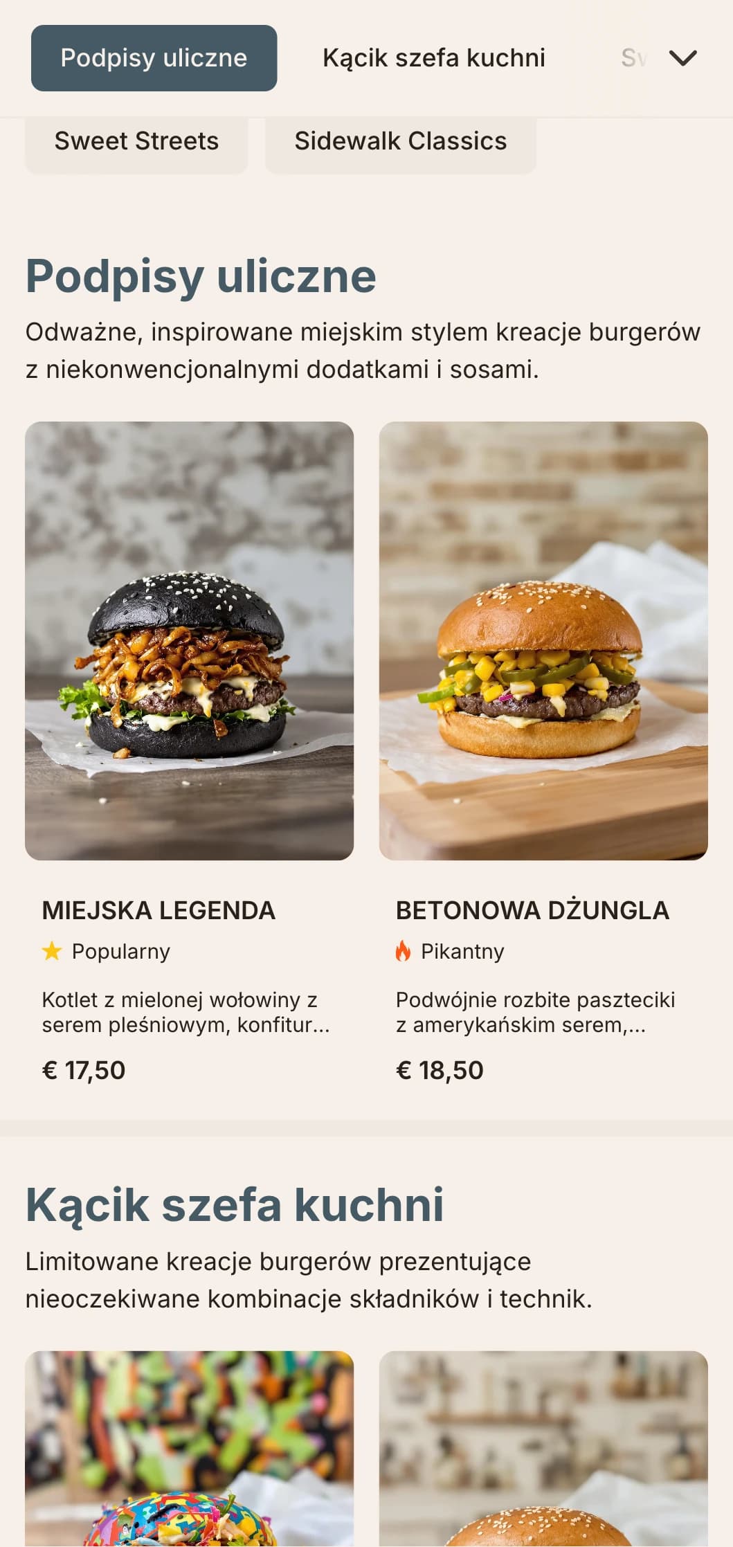 Projekt inspirowany miejskim jedzeniem ulicznym z ostrymi kontrastami i elementami sztuki ulicznej dla współczesnego, swobodnego doświadczenia burgera.