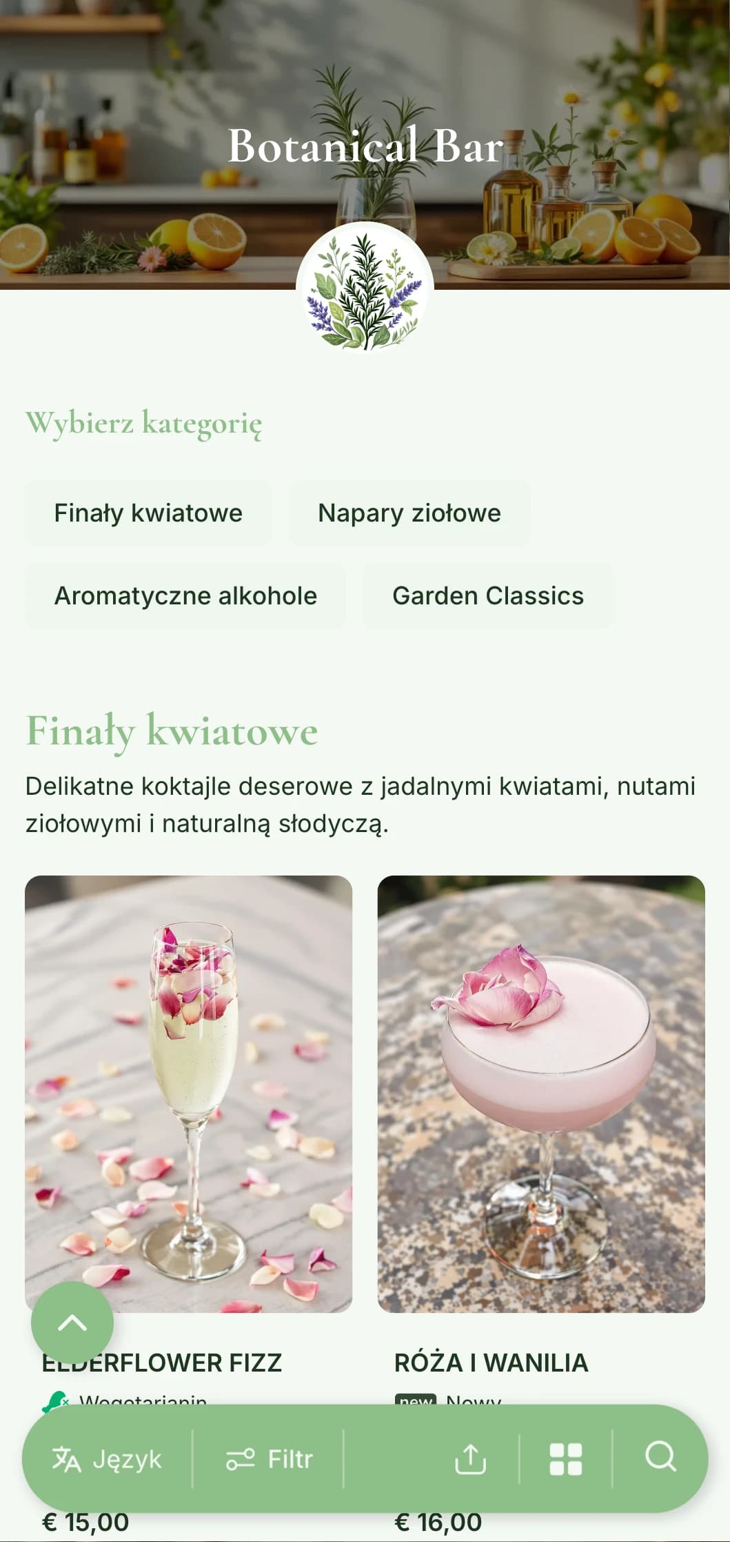 Świeże, inspirowane ogrodem menu dla barów specjalizujących się w koktajlach ziołowych i botanicznych.