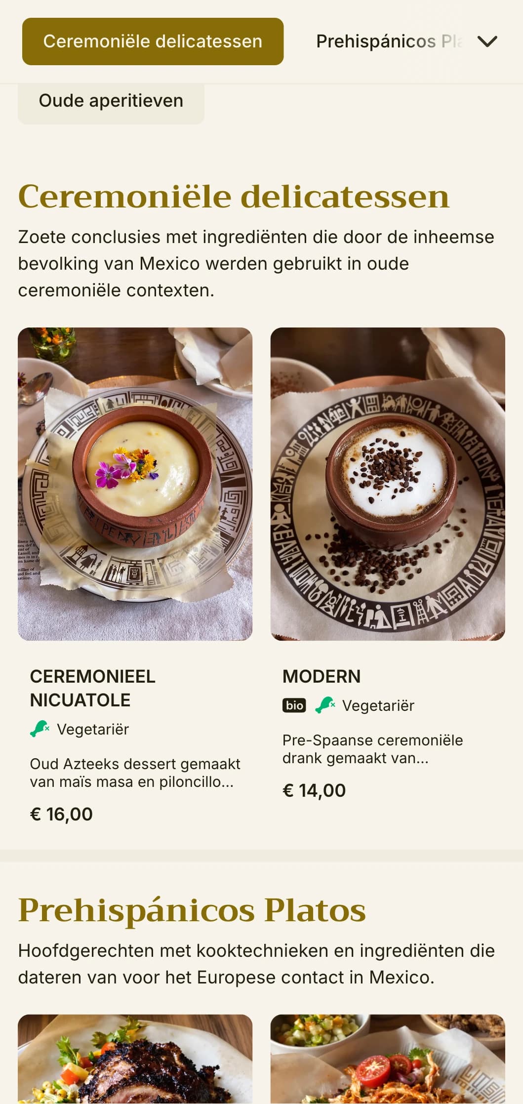 Geraffineerd en leerzaam menu met oude Mexicaanse ingrediënten, gouden accenten en pre-Spaanse kooktechnieken.