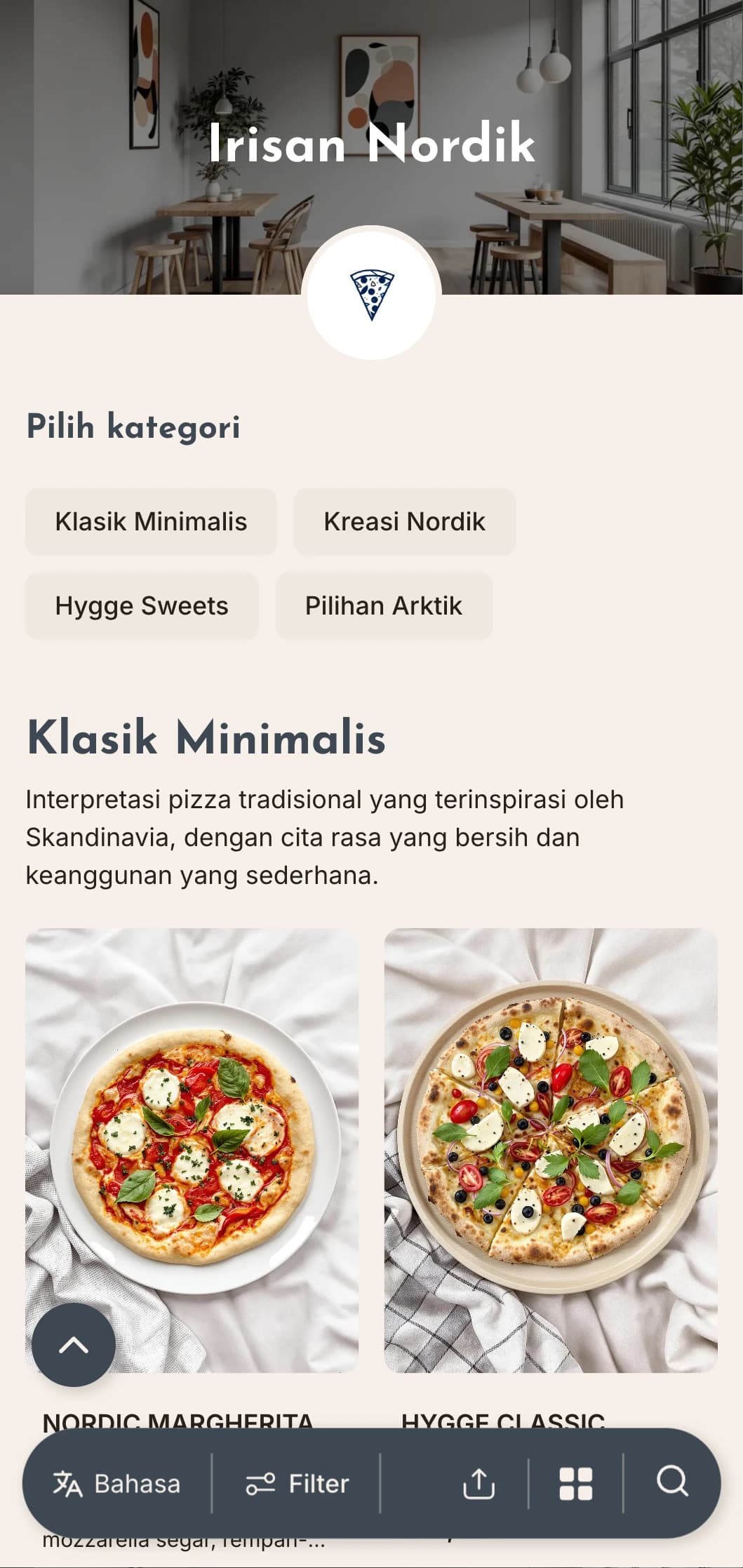 Menu pizza yang terinspirasi dari Skandinavia dengan desain yang bersih, minimalis, dan estetika yang fungsional.