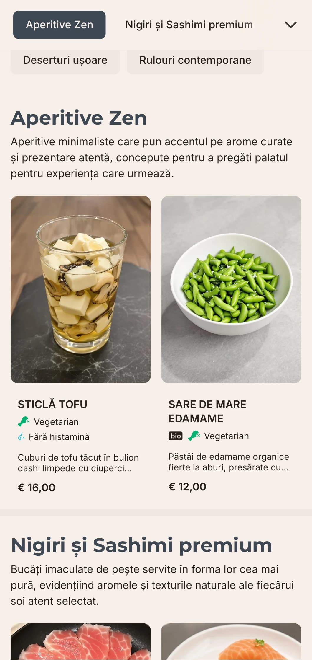 Design de meniu sushi curat, contemporan, cu o estetică minimalistă, perfect pentru restaurantele japoneze de lux care se concentrează pe simplitate și calitate.