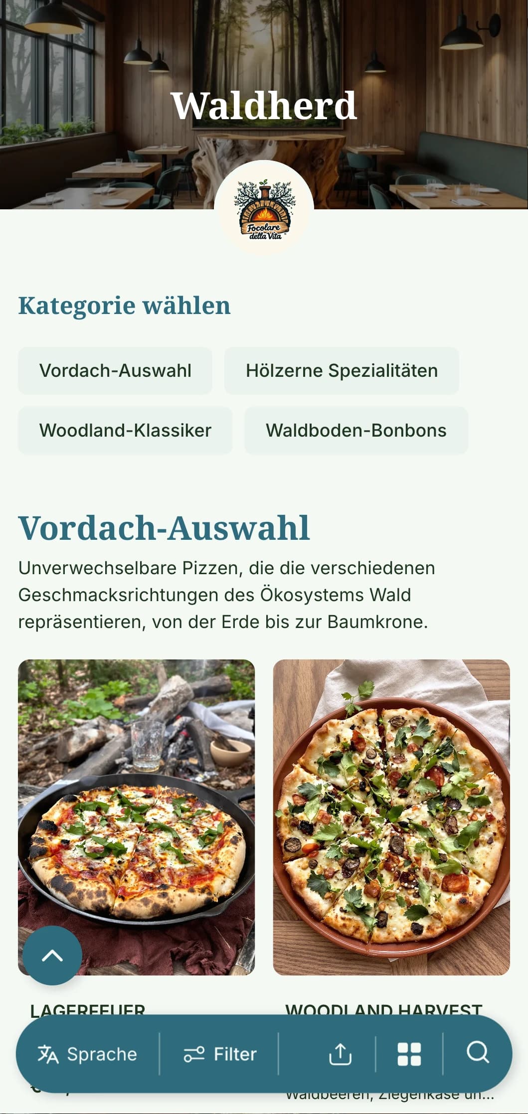 Vom Wald inspirierte Pizzakarte mit Wald-Elementen und erdiger Farbpalette.