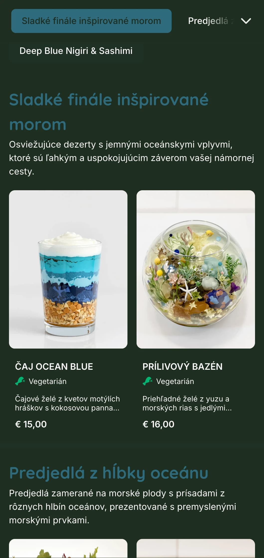 Pokojné tmavomodré sushi menu inšpirované hlbinami oceánov s morskými prvkami a dôrazom na čerstvé morské plody.