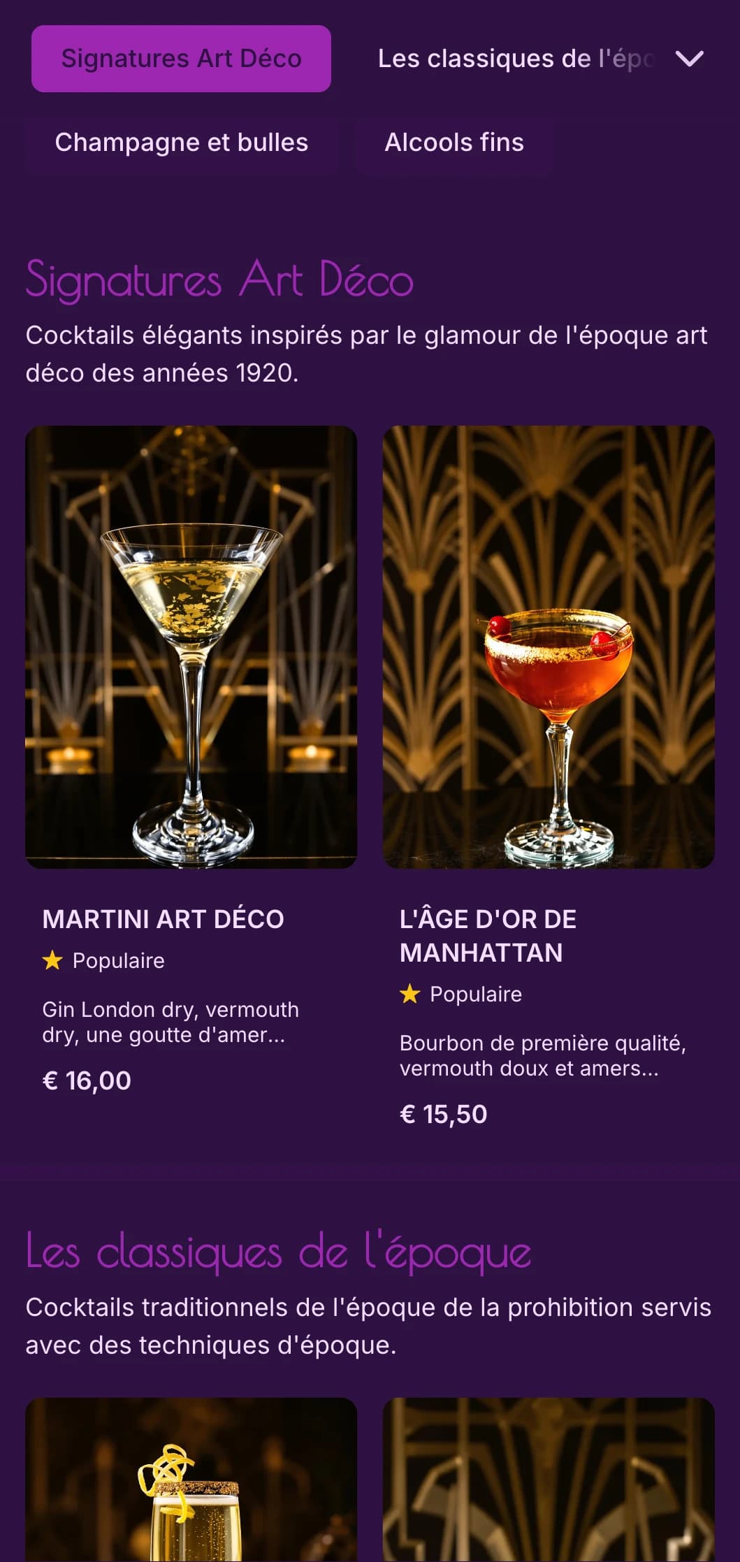 Élégant design violet et or inspiré de l'art déco des années 1920 pour les salons de cocktails haut de gamme.