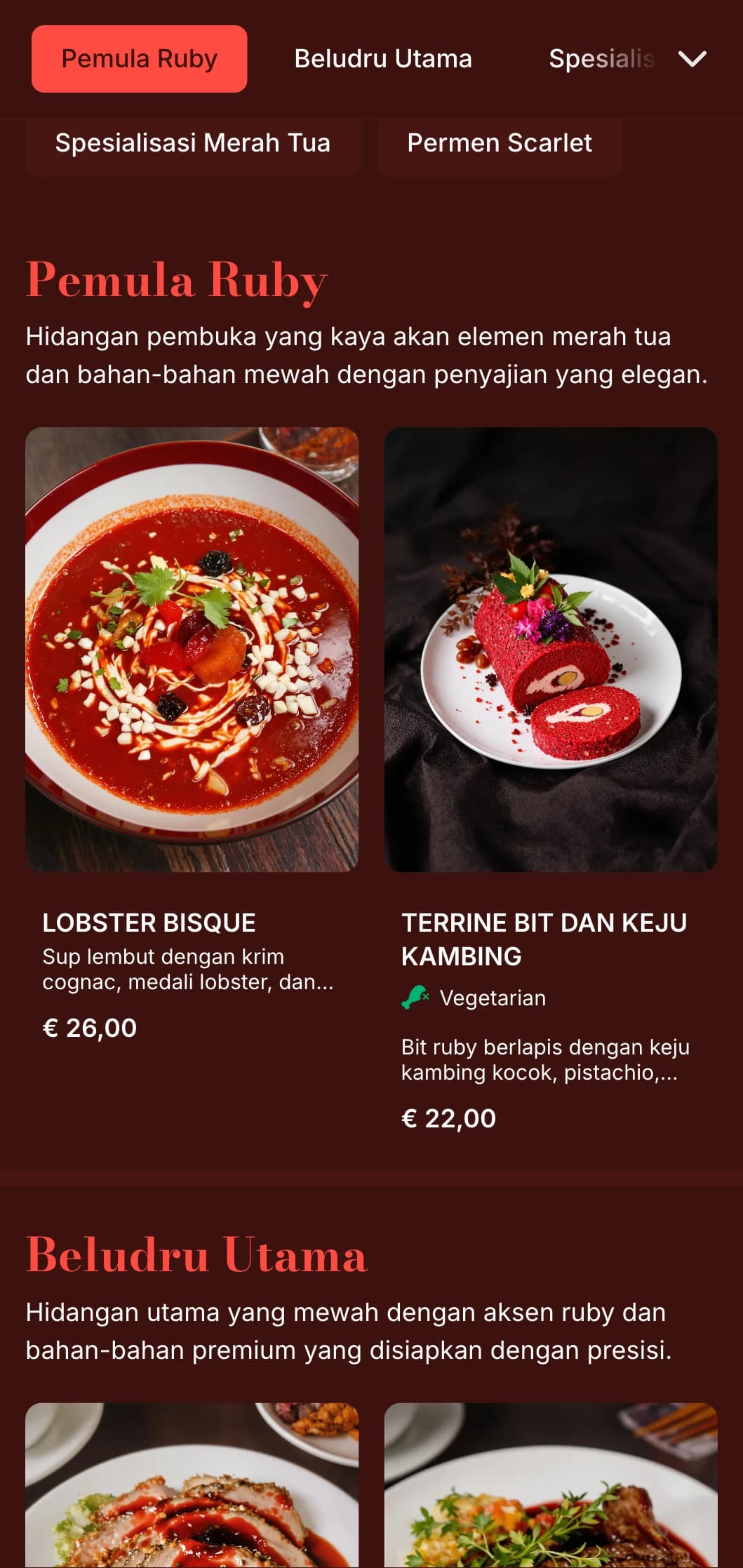 Menu makan malam yang kaya warna merah delima dengan tekstur mewah dan elemen dramatis, dirancang untuk tempat bersantap yang romantis.