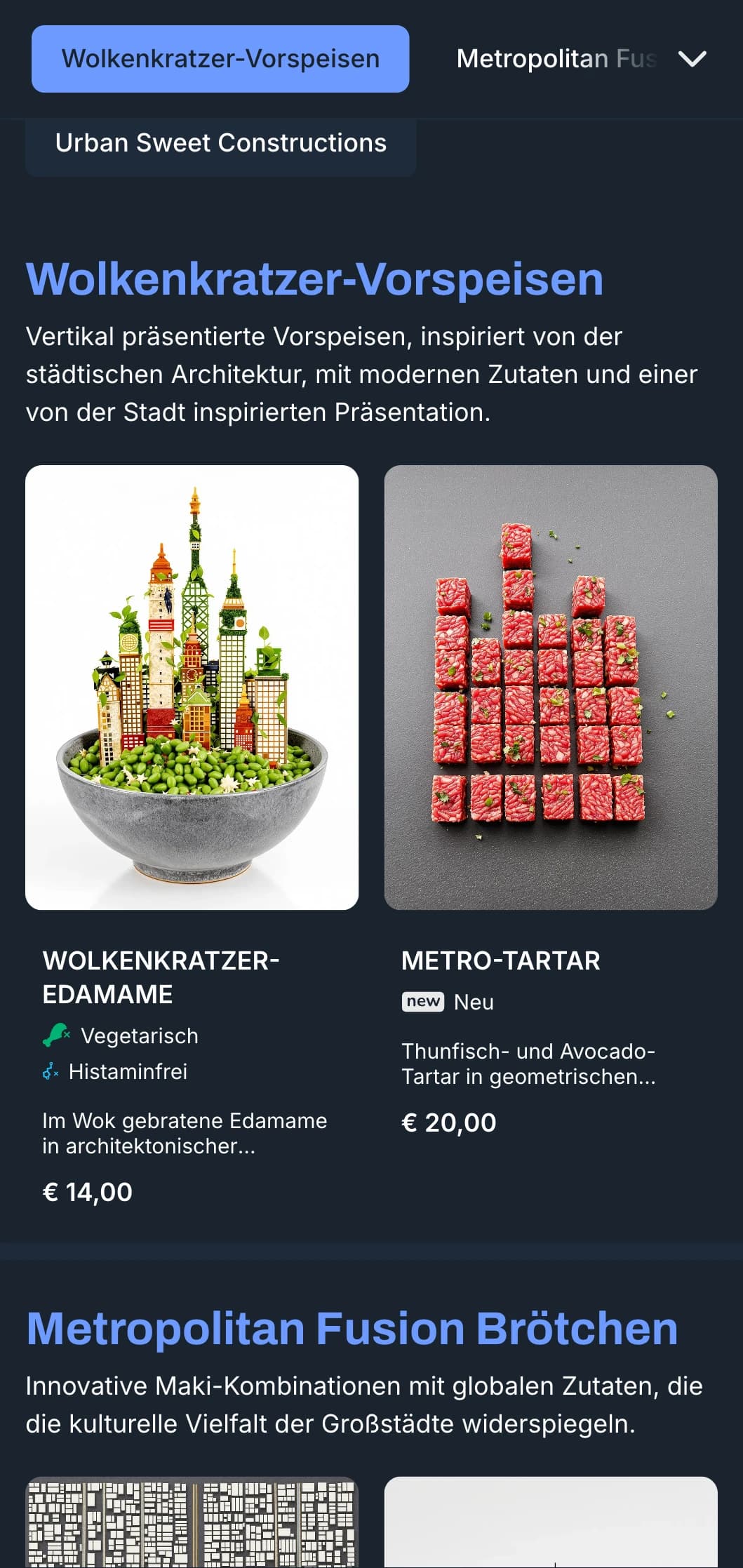 Zeitgenössisches, von der Stadt inspiriertes Sushi-Menü mit kühlen Blautönen und urbanen Designelementen für trendige Lokale.
