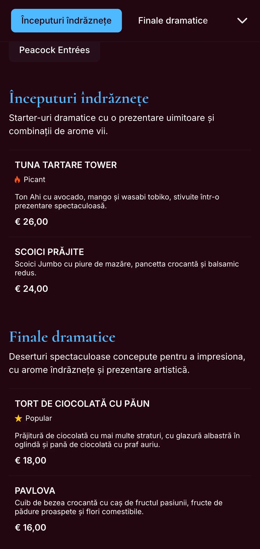 Un meniu de cină remarcabil, albastru păun, cu tonuri bogate de bijuterii și stil dramatic, conceput pentru restaurante cu caracter îndrăzneț.