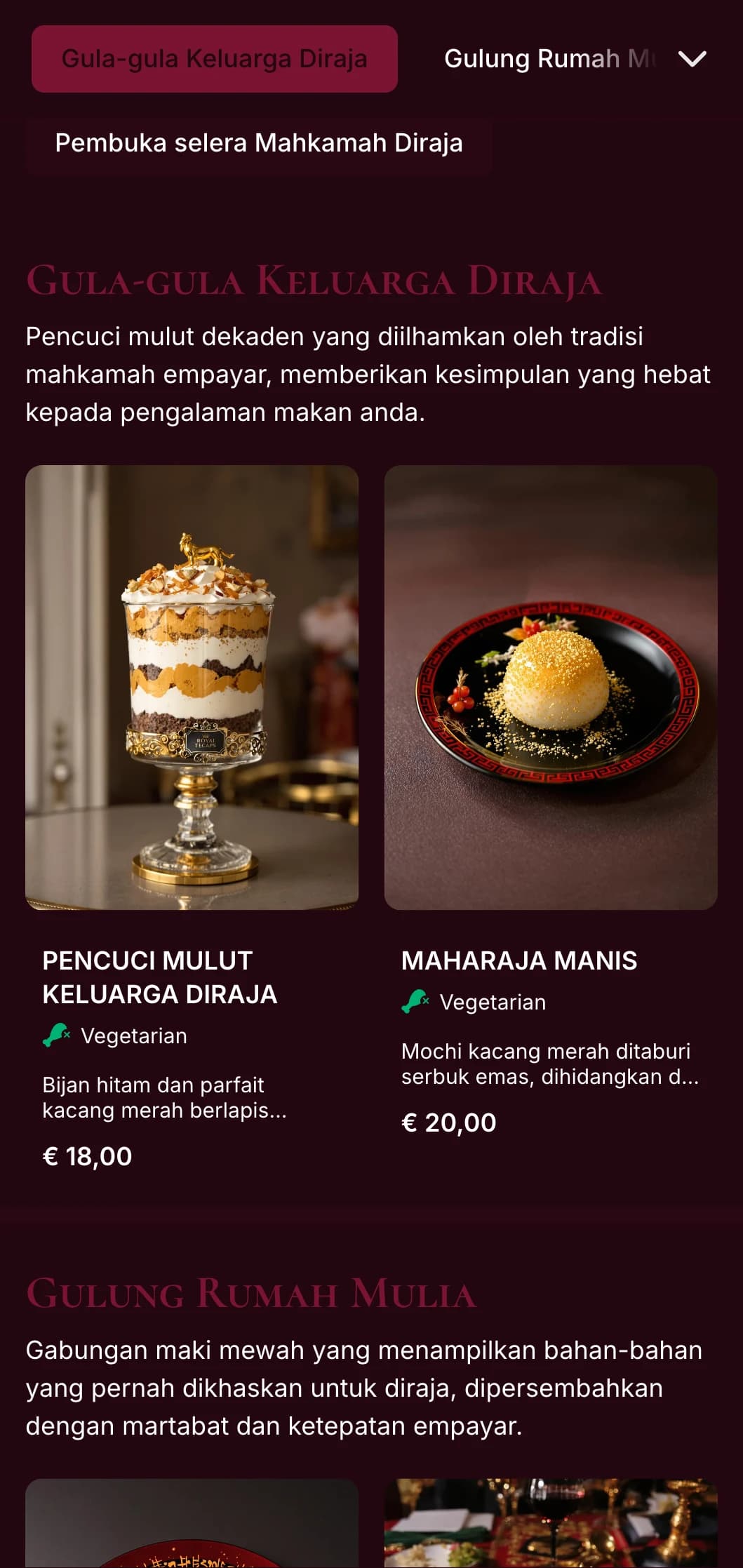 Menu sushi tradisional yang mewah menampilkan aksen merah dan emas imperial untuk pengalaman makan yang premium.