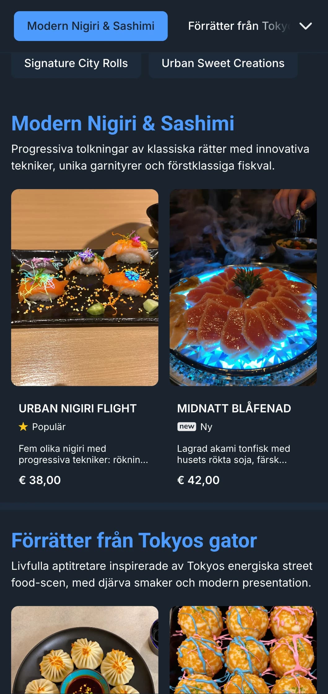 Djärv, modern sushimeny med dramatisk nattinspirerad estetik, med livfulla blå accenter mot djupa kolbakgrunder.