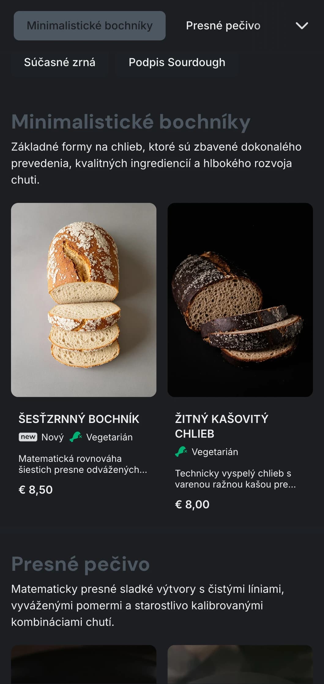 Strohý, moderný dizajn jedálneho lístka pekárne s hlbokými šedými tónmi a minimalistickou typografiou, ideálny pre remeselné pekárne zamerané na dizajn.