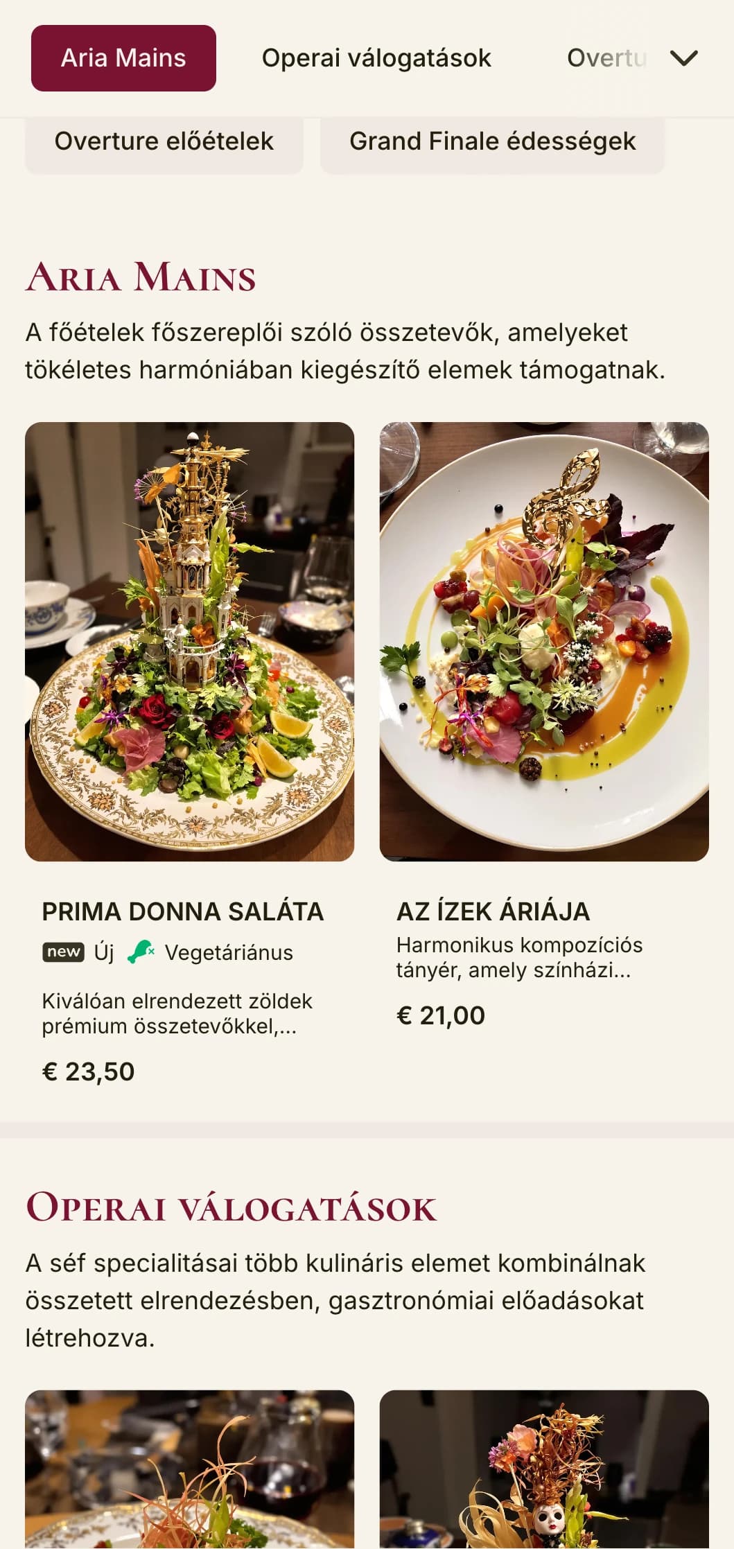 Nagyszabású, zenei ihletésű ebédmenü-tervezés operai elemekkel és drámai elrendezéssel, amely alkalmas operaházak közelében lévő vagy zenei témájú éttermek számára.
