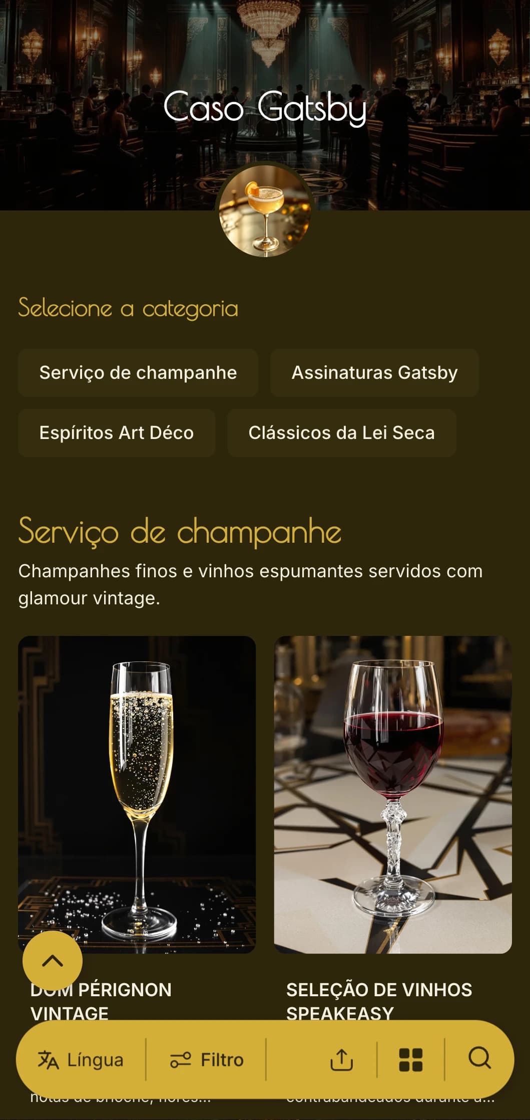 Design glamouroso em dourado e preto com padrões autênticos da década de 1920 para lounges de luxo.