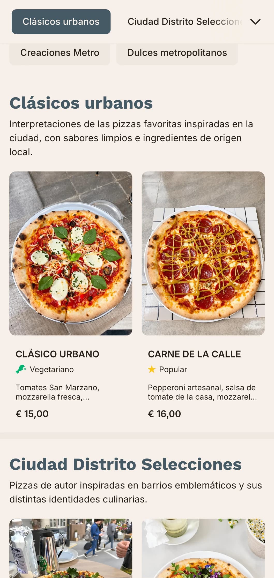 Carta de pizzas urbanas metropolitanas de líneas limpias y diseño contemporáneo para locales de ciudad.