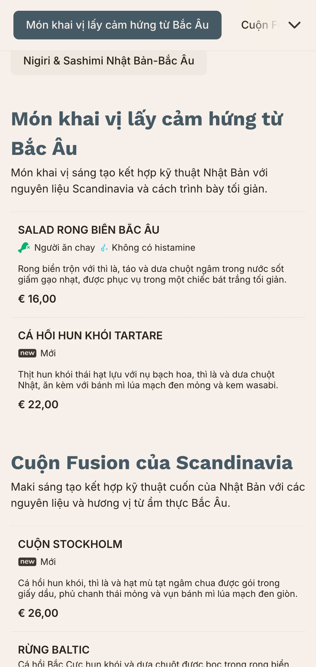 Thực đơn sushi hiện đại kết hợp giữa truyền thống Nhật Bản với phong cách tối giản của Scandinavia, với đường nét gọn gàng và tông màu xanh dịu nhẹ.