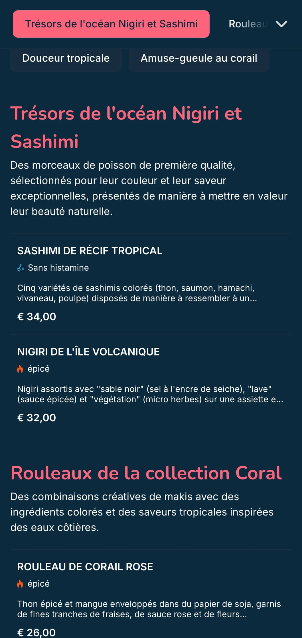 Menu de sushis vibrant inspiré de l'océan, avec des accents rose corail sur fond bleu profond, parfait pour les spécialistes des fruits de mer.