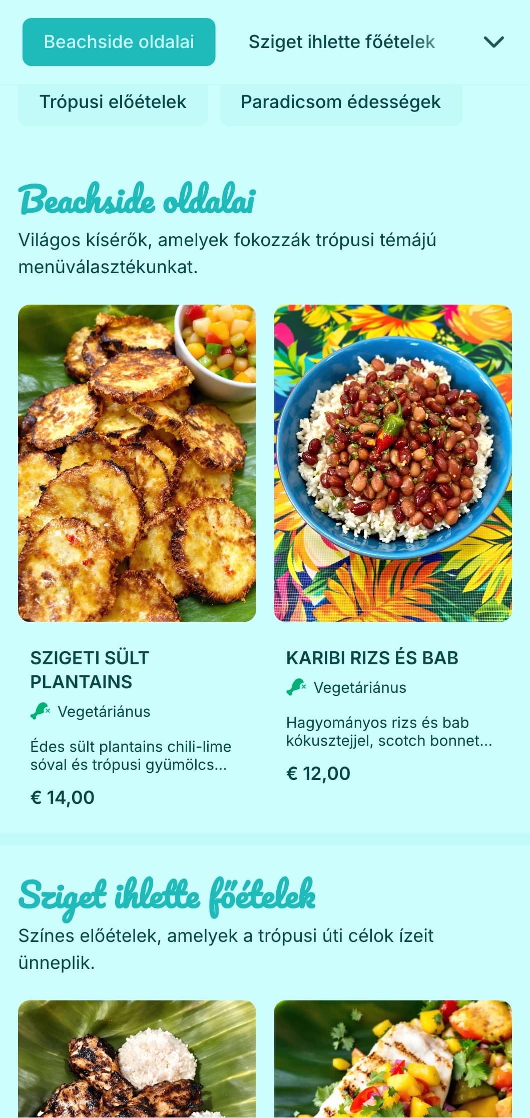 Élénk trópusi tematikájú catering egzotikus gyümölcsökkel, élénk színekkel és szigeti ízekkel nyári partikra és esküvői rendezvényekre.