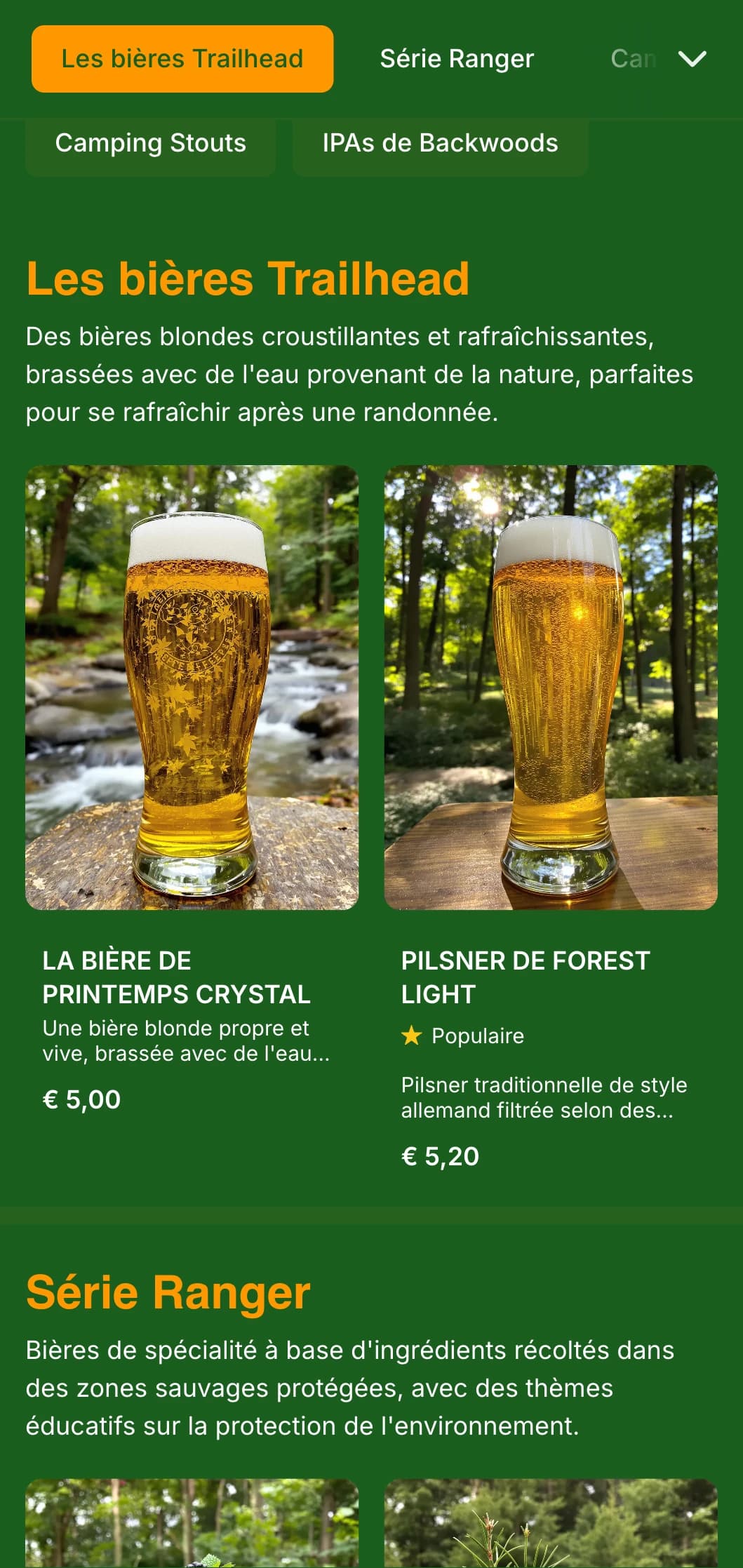 Design naturel et terreux inspiré par les forêts profondes, avec des verts riches et des éléments forestiers pour les brasseries sur le thème de la nature.