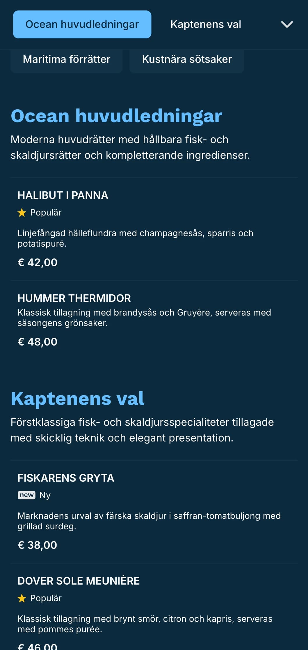 En krispig, blåtonad middagsmeny med nautiska influenser, perfekt för exklusiva fisk- och skaldjursrestauranger.