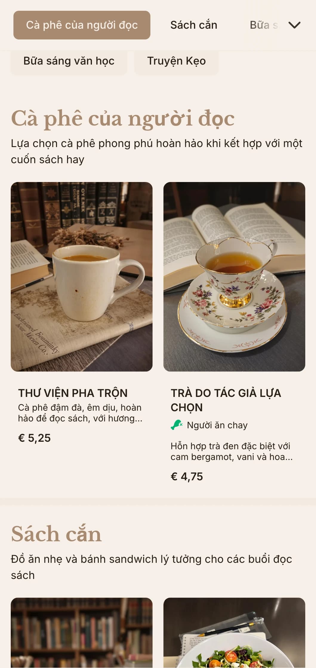 Thiết kế màu nâu ấm áp với các yếu tố văn học dành cho quán cà phê sách và không gian đọc sách.