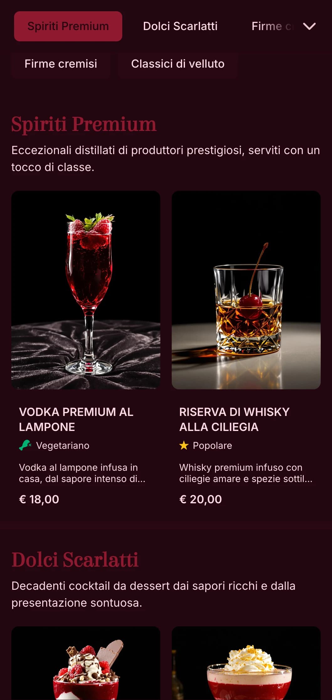 Un design lussuoso, ispirato al teatro, per cocktail lounge di alto livello, caratterizzato da ricchi toni cremisi e da una tipografia drammatica.