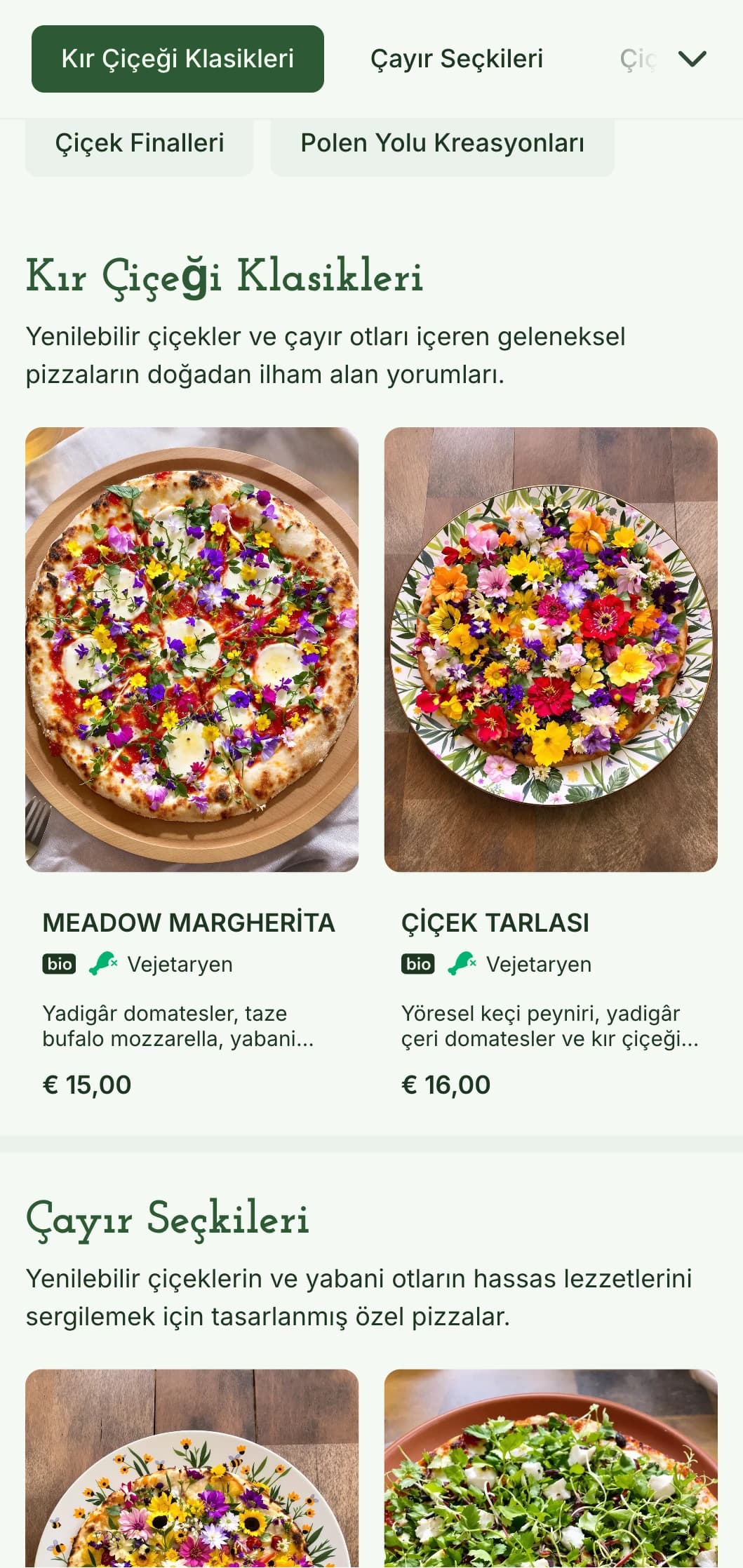 Yabani çiçeklerden ilham alan pizza menüsü, yerel, yemlenmiş malzemeler ve doğal sunumu vurguluyor.
