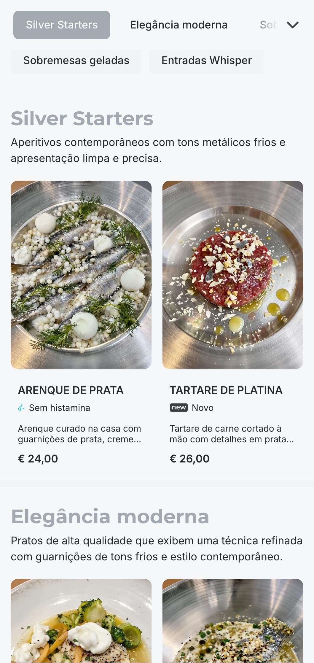 Conceito moderno e sofisticado com tons de prata e elementos de luxo sutis para uma experiência elegante e discreta.