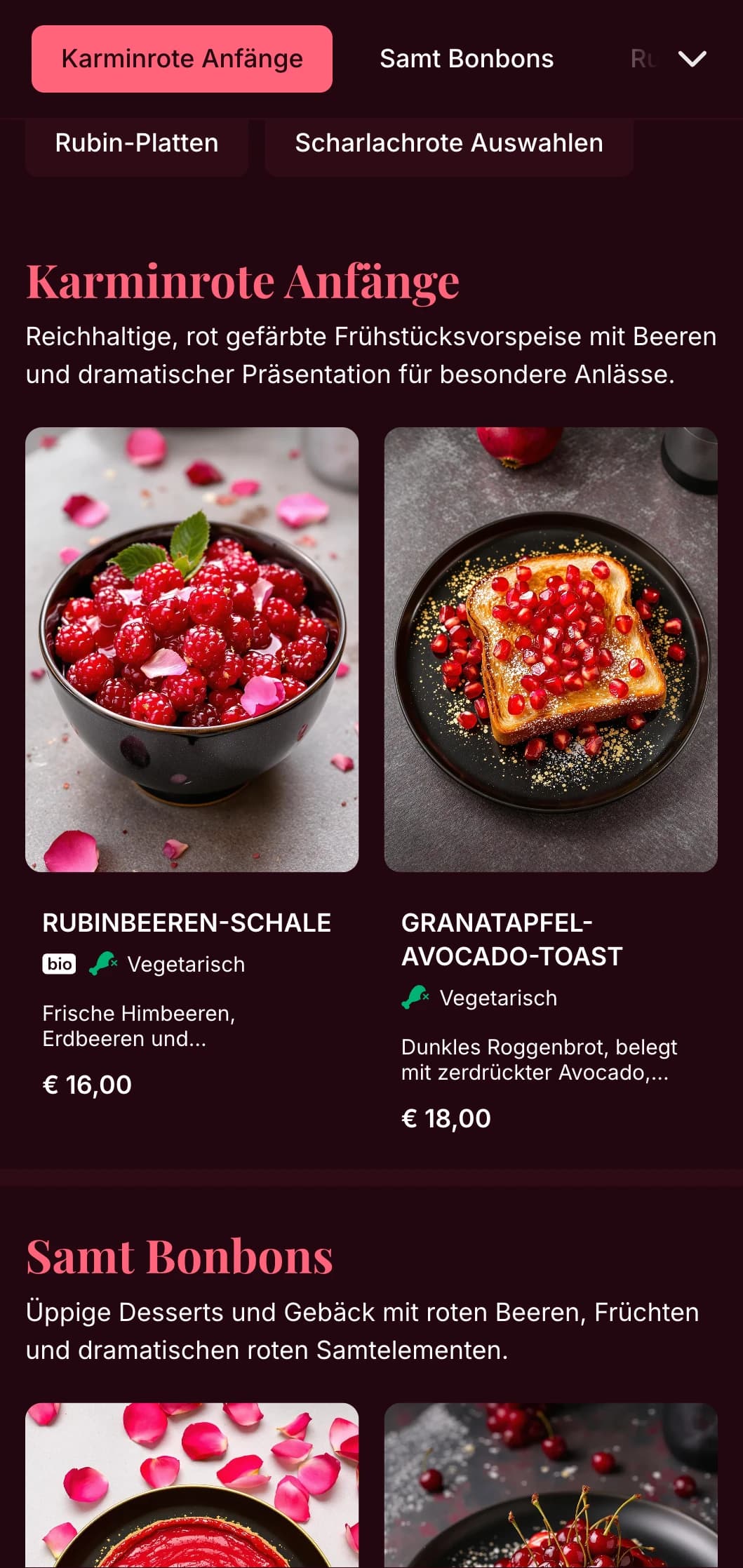 Reichhaltige Brunch-Vorlage in Rottönen mit luxuriösen Details, geeignet für romantische Brunch-Situationen und besondere Anlässe.