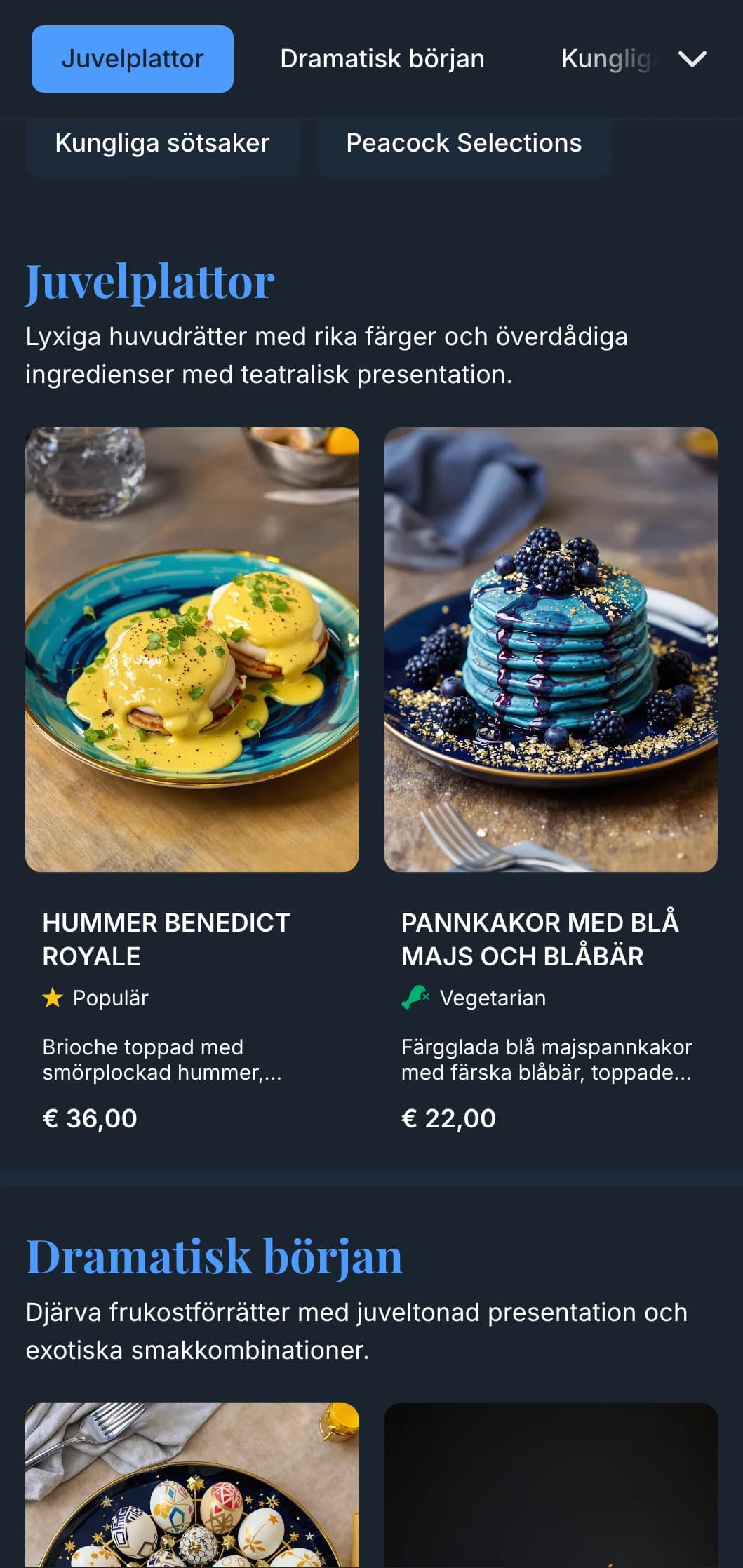 Rik, juvelfärgad brunchmall med eleganta detaljer som passar för lyxkaféer och bruncher vid speciella tillfällen.
