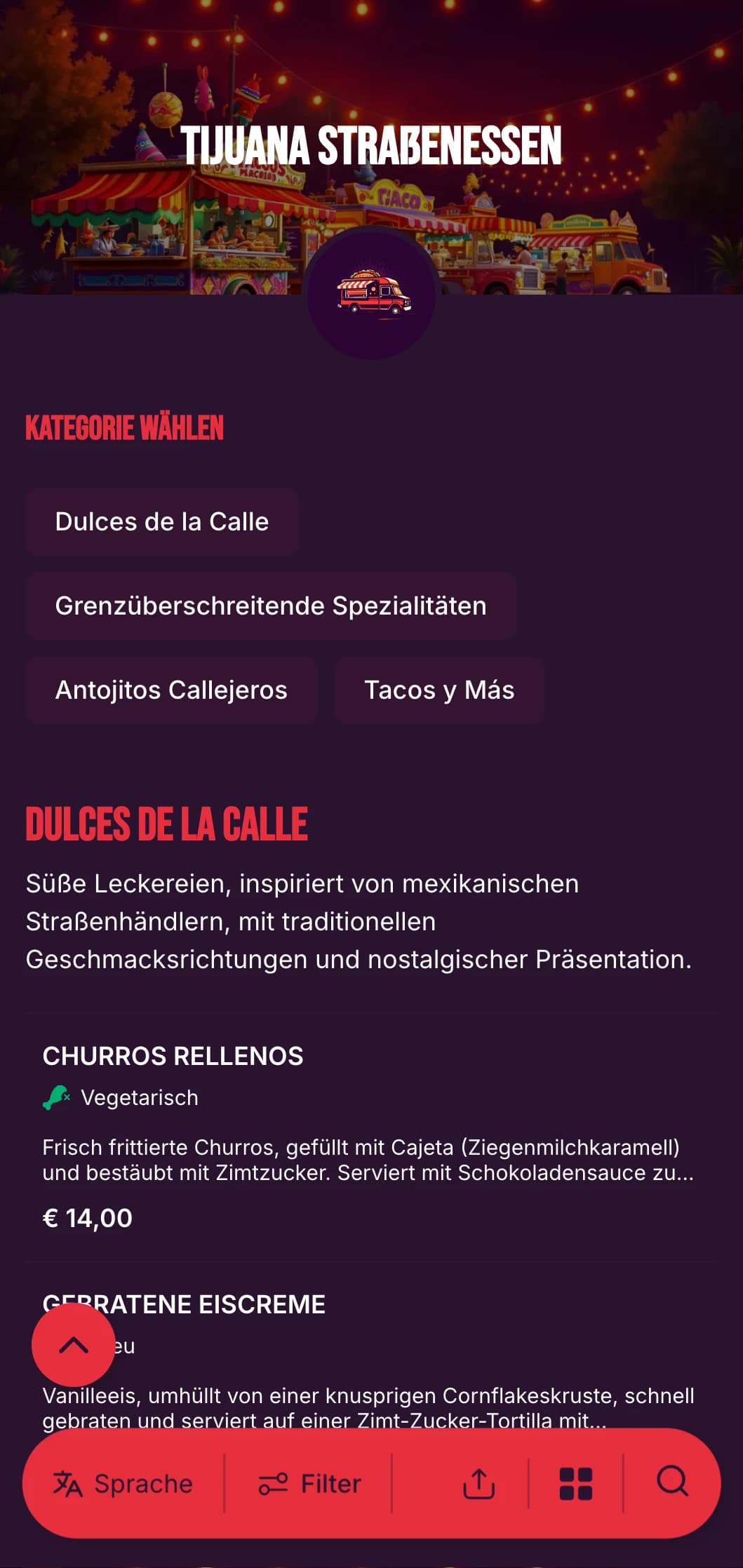 Ein kühnes und energiegeladenes Street-Food-Menü, inspiriert von der pulsierenden Lebensmittelszene in Tijuana, mit leuchtenden Farben, lässiger Typografie und authentischen Taco-Spezialitäten.