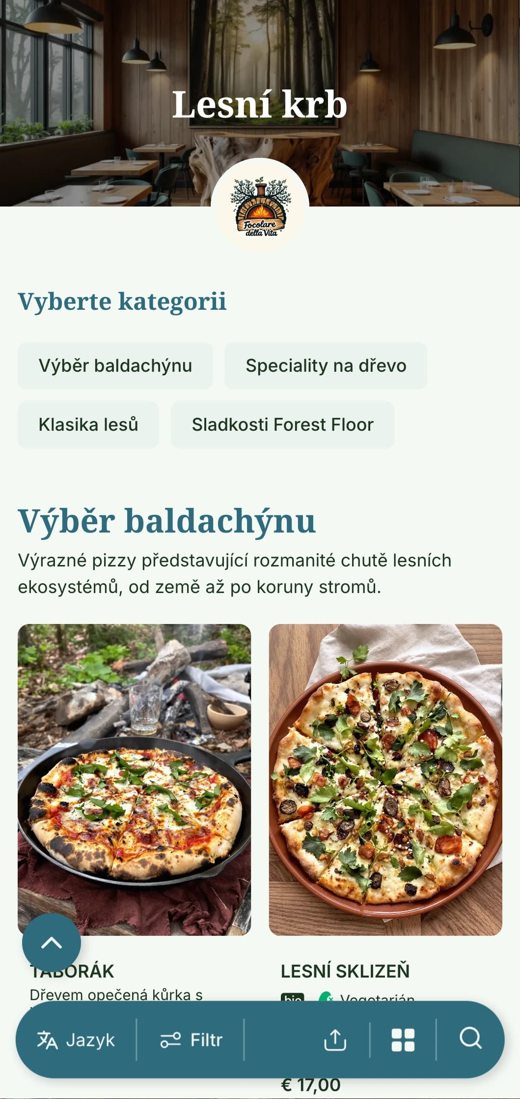 Nabídka pizzy inspirovaná lesem s lesními prvky a zemitou barevnou paletou.