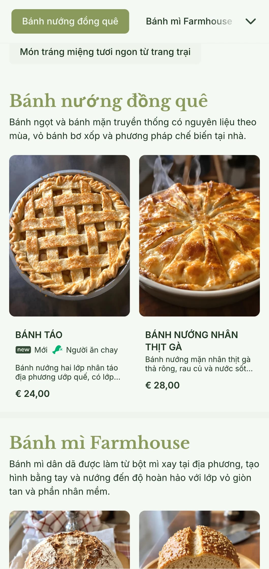 Thiết kế thực đơn tiệm bánh mang phong cách đồng quê, ấm cúng với tông màu xanh lá cây ấm áp và kiểu chữ truyền thống, hoàn hảo cho các tiệm bánh từ nông trại đến bàn ăn và các cửa hàng theo phong cách gia đình.