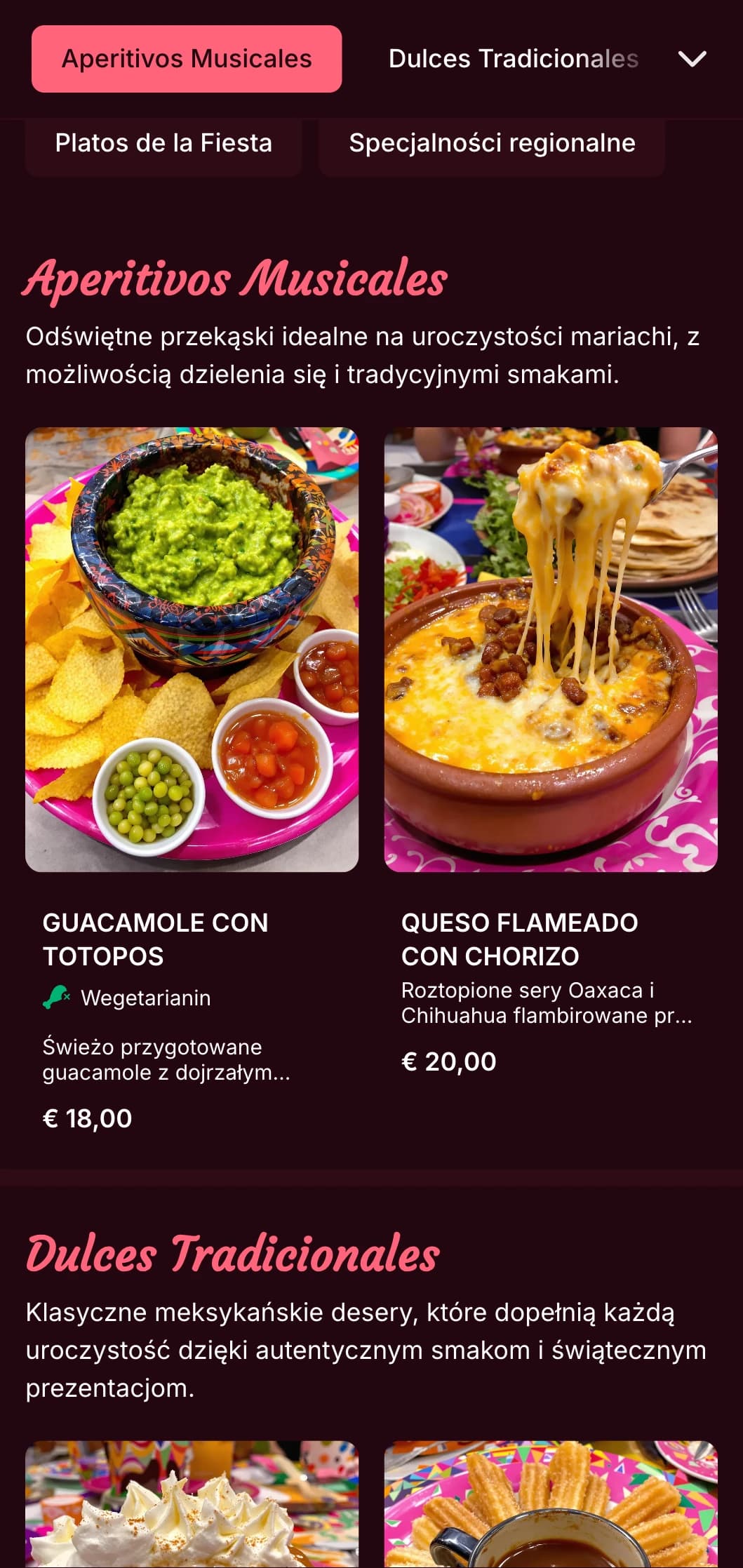 Żywe i muzyczne meksykańskie menu z jasnoróżowymi akcentami, obrazami mariachi i świątecznymi potrawami idealnymi na uroczystości i imprezy.
