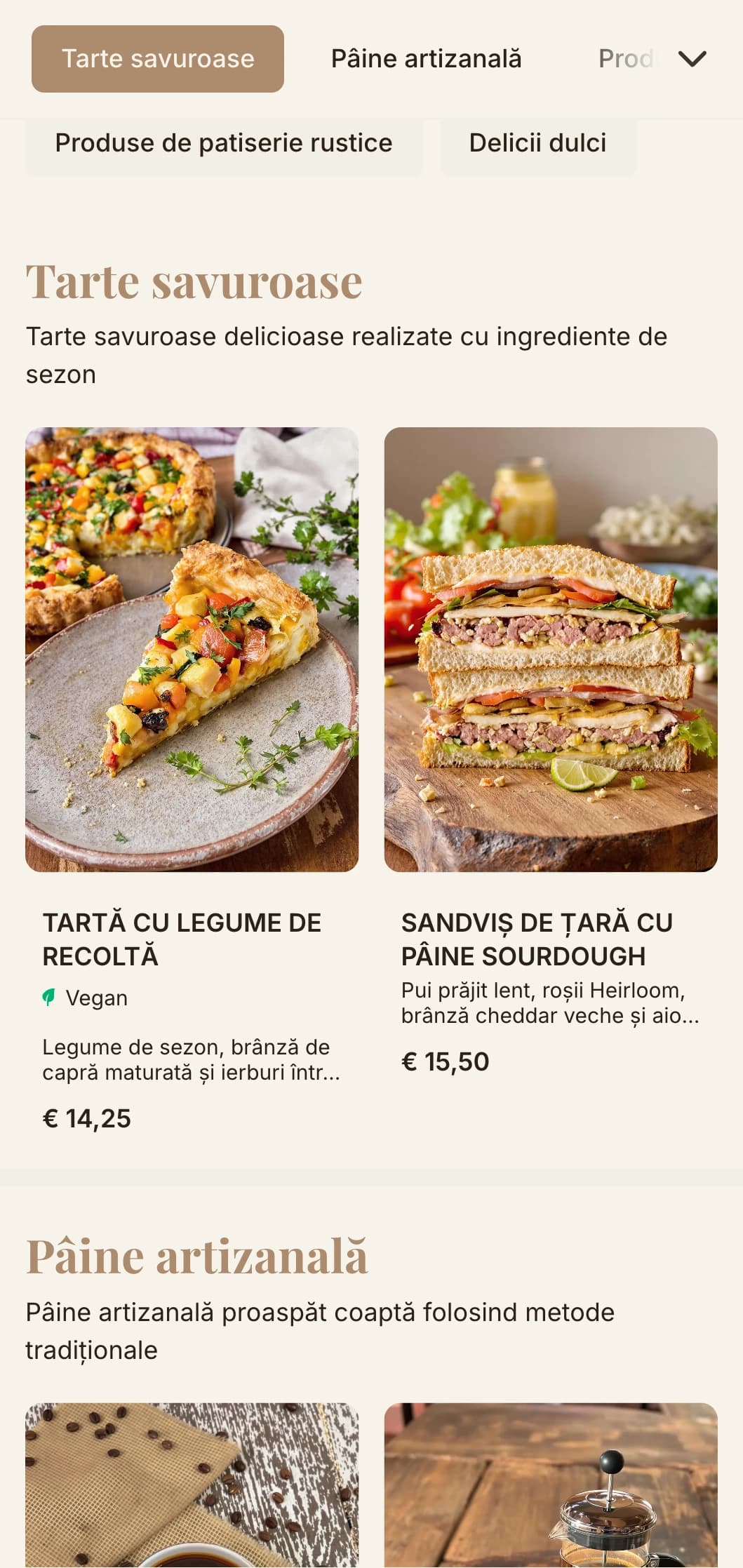 Tonuri pământii cu tipografie artizanală pentru cafenele și patiserii axate pe panificație.