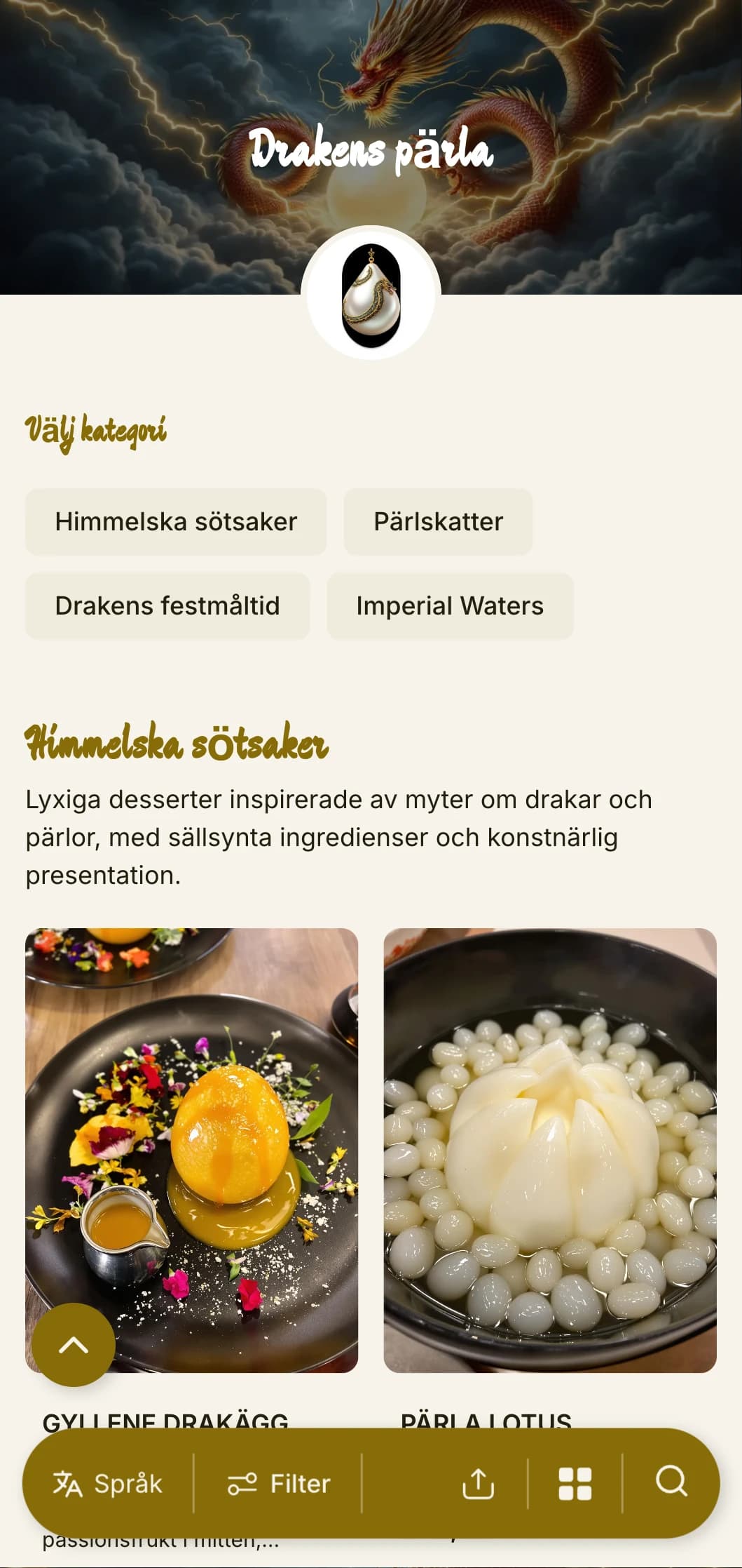 Lyxig kinesisk menydesign med drakmotiv och pärldetaljer, perfekt för exklusiva kinesiska fisk- och skaldjursrestauranger och speciella tillfällen.