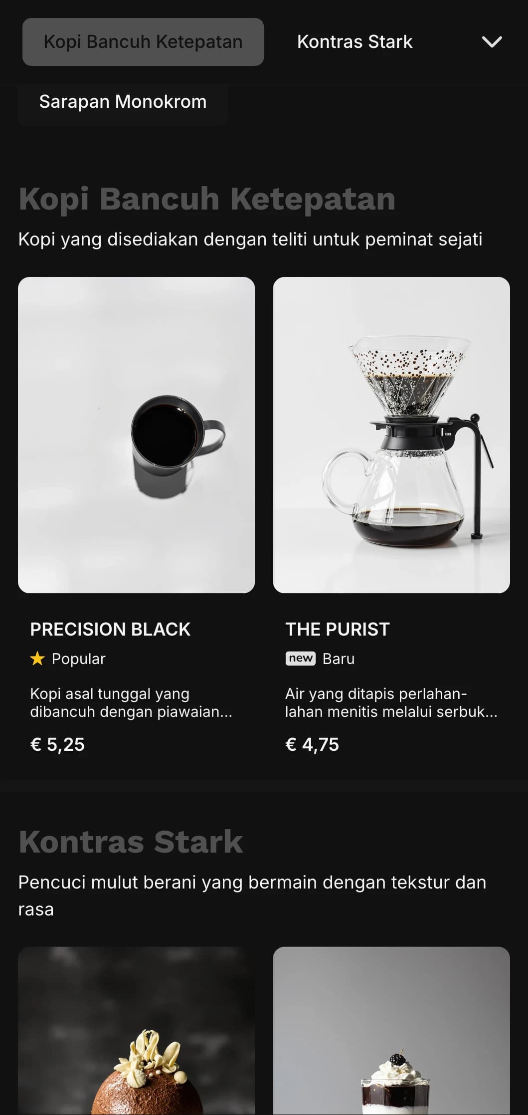 Reka bentuk hitam dan putih yang berani dengan tipografi yang kukuh untuk kedai kopi khusus.