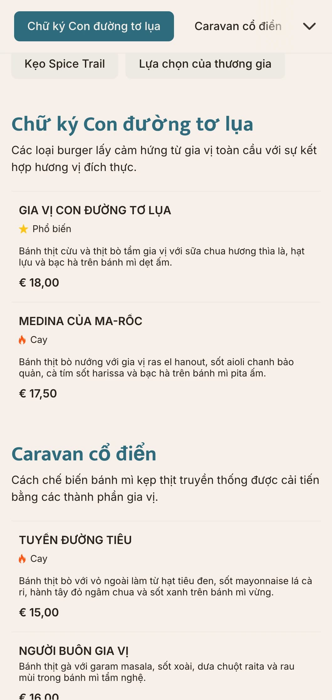 Thực đơn burger lấy cảm hứng từ thương mại gia vị với hương vị đặc trưng toàn cầu và tham khảo lịch sử.