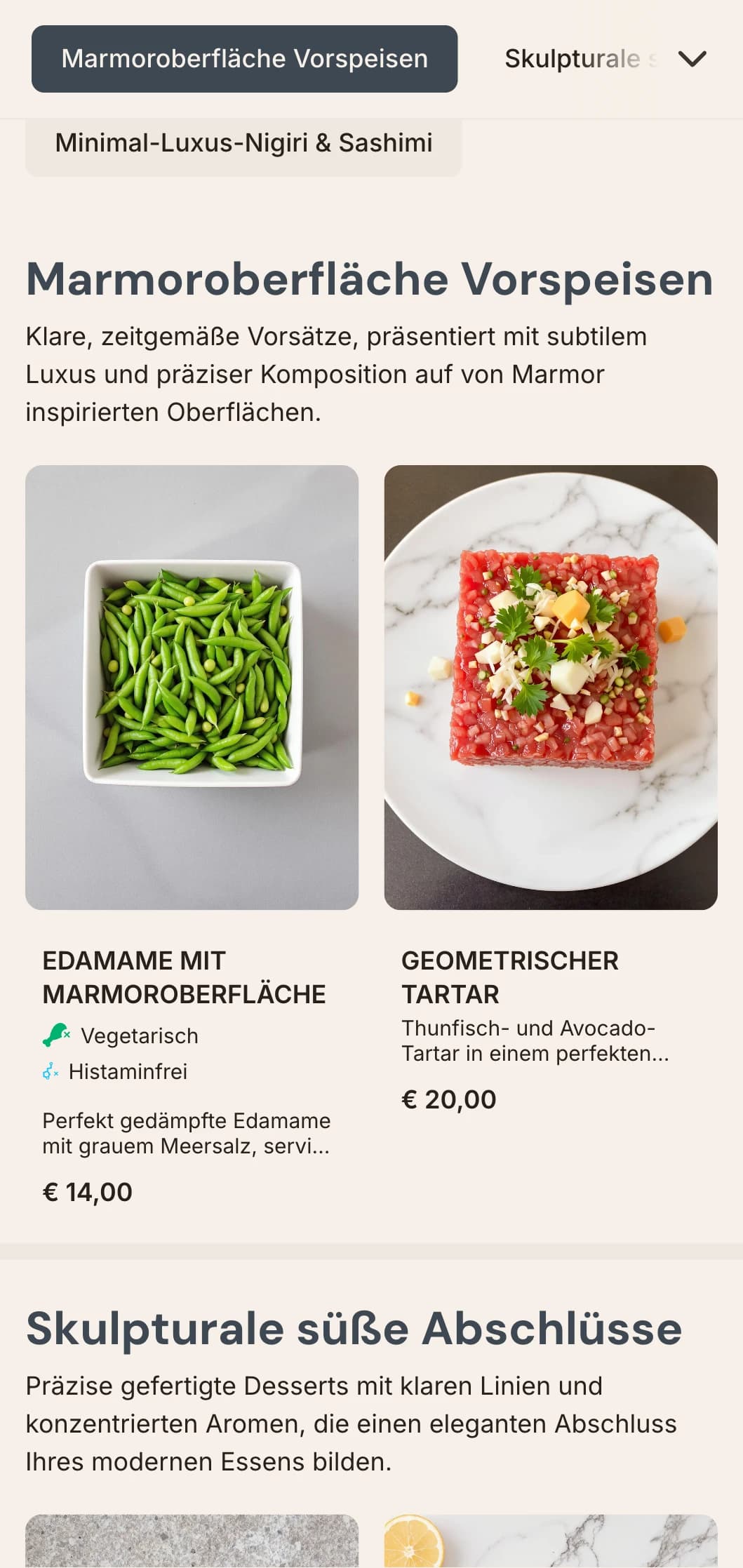 Luxuriöses, modernes Sushi-Menü mit subtilen Marmortexturen und klarem, minimalistischem Design.