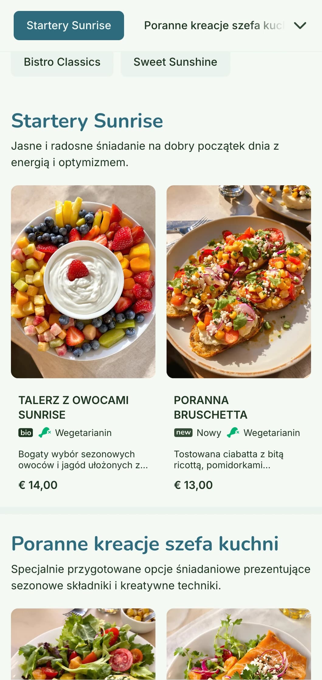 Jasne, wesołe menu śniadaniowe ze świeżymi, kolorowymi składnikami w swobodnym, ale wyrafinowanym otoczeniu bistro.