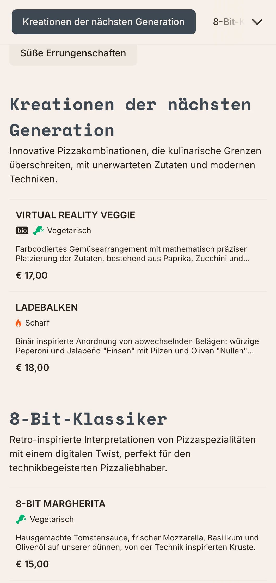 Tech-inspirierte moderne Pizzakarte mit digitaler Ästhetik für innovative Pizzakonzepte.