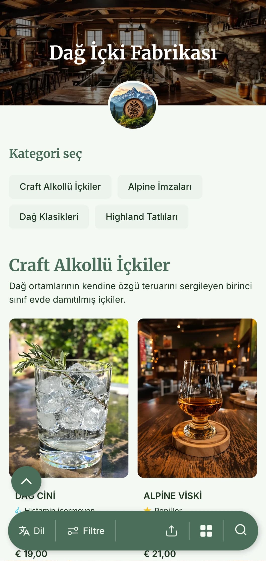 Toprak tonları ve doğal unsurlar içeren dağ içki fabrikaları ve içki barları için rustik, alpin esintili bir tasarım.