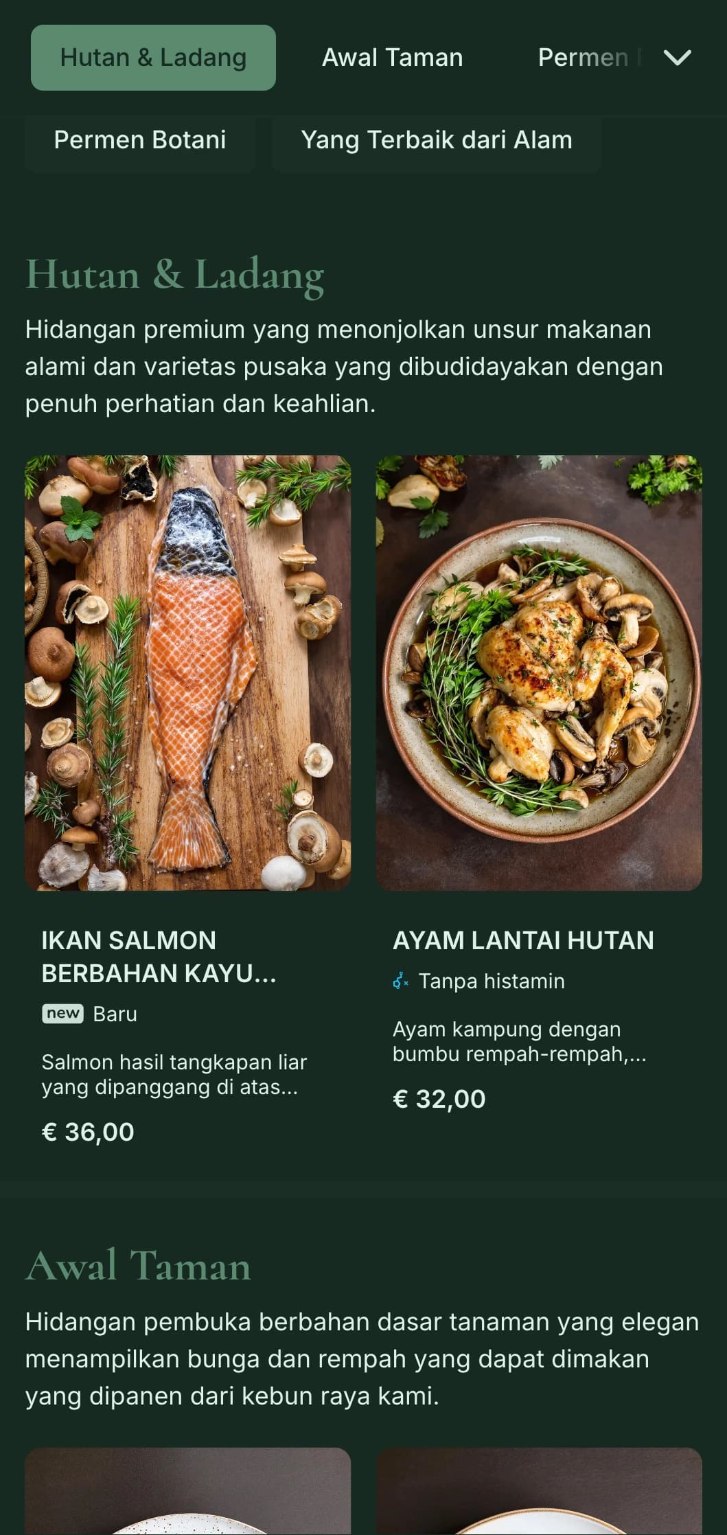 Keanggunan alami yang canggih dengan pengaruh botani, sempurna untuk bersantap mewah yang terinspirasi dari pertanian dan taman.