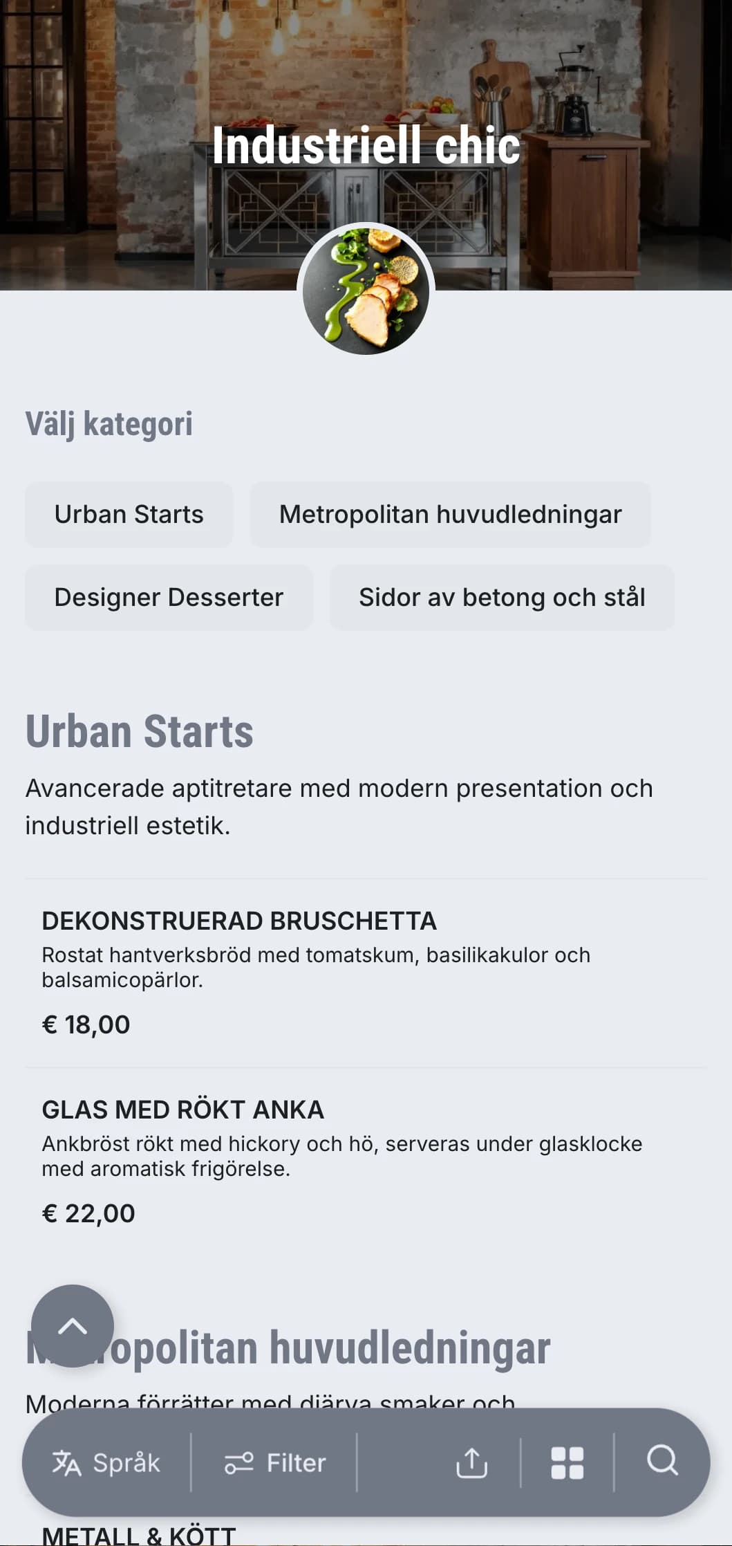 Rå, nervös cateringpresentation med modern urban estetik, metalliska element och betongtexturer för lagerhändelser och galleriöppningar.