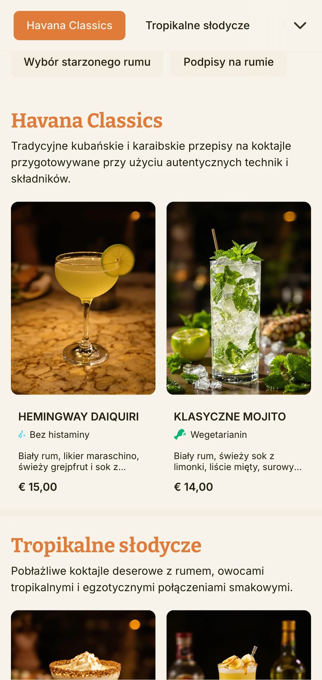 Tętniące życiem, tropikalne menu inspirowane kubańską kulturą koktajlową, idealne do barów rumowych i lokali o tematyce latynoskiej.