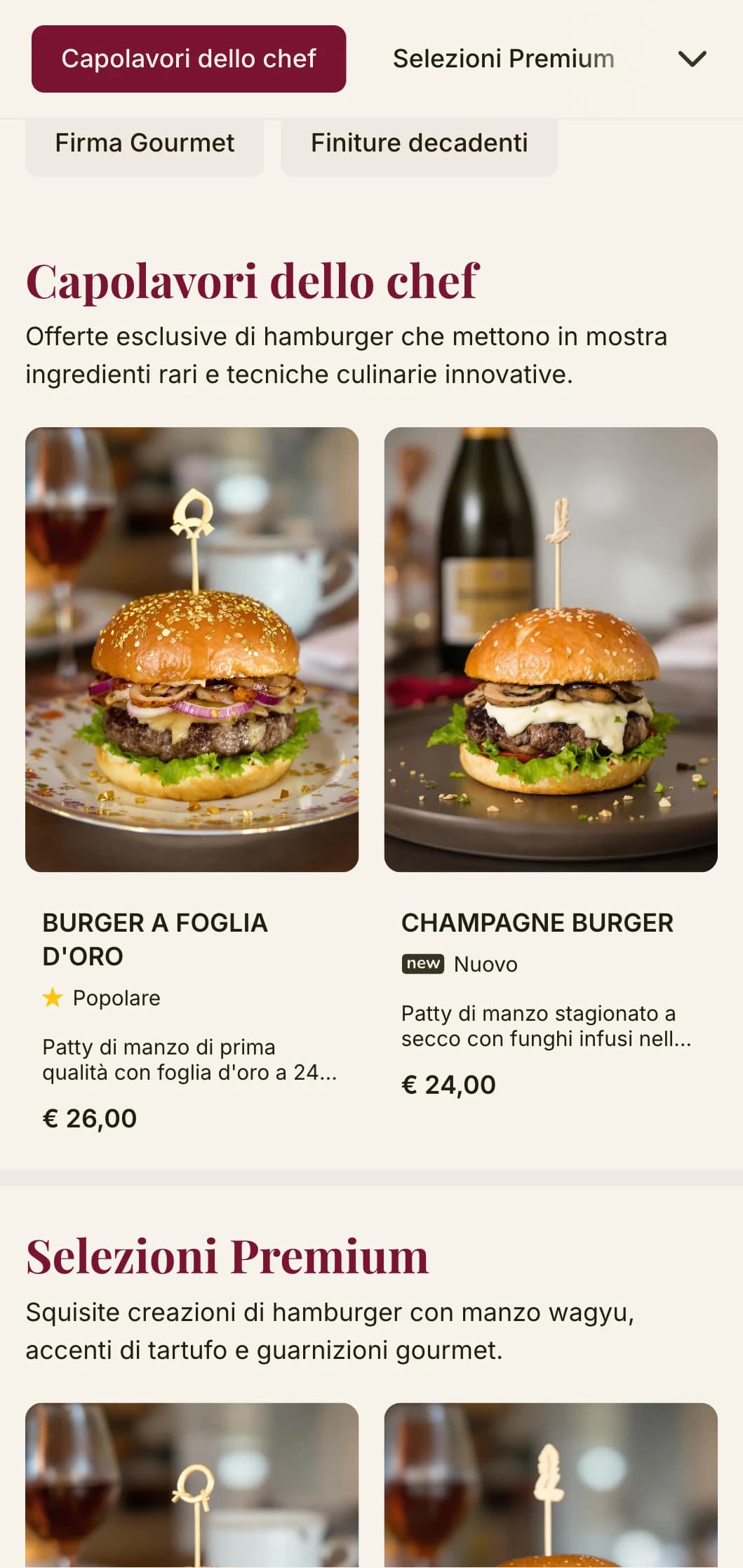 Un'esperienza di hamburger di alto livello, con una tipografia di alto livello e una ricca tavolozza di colori.