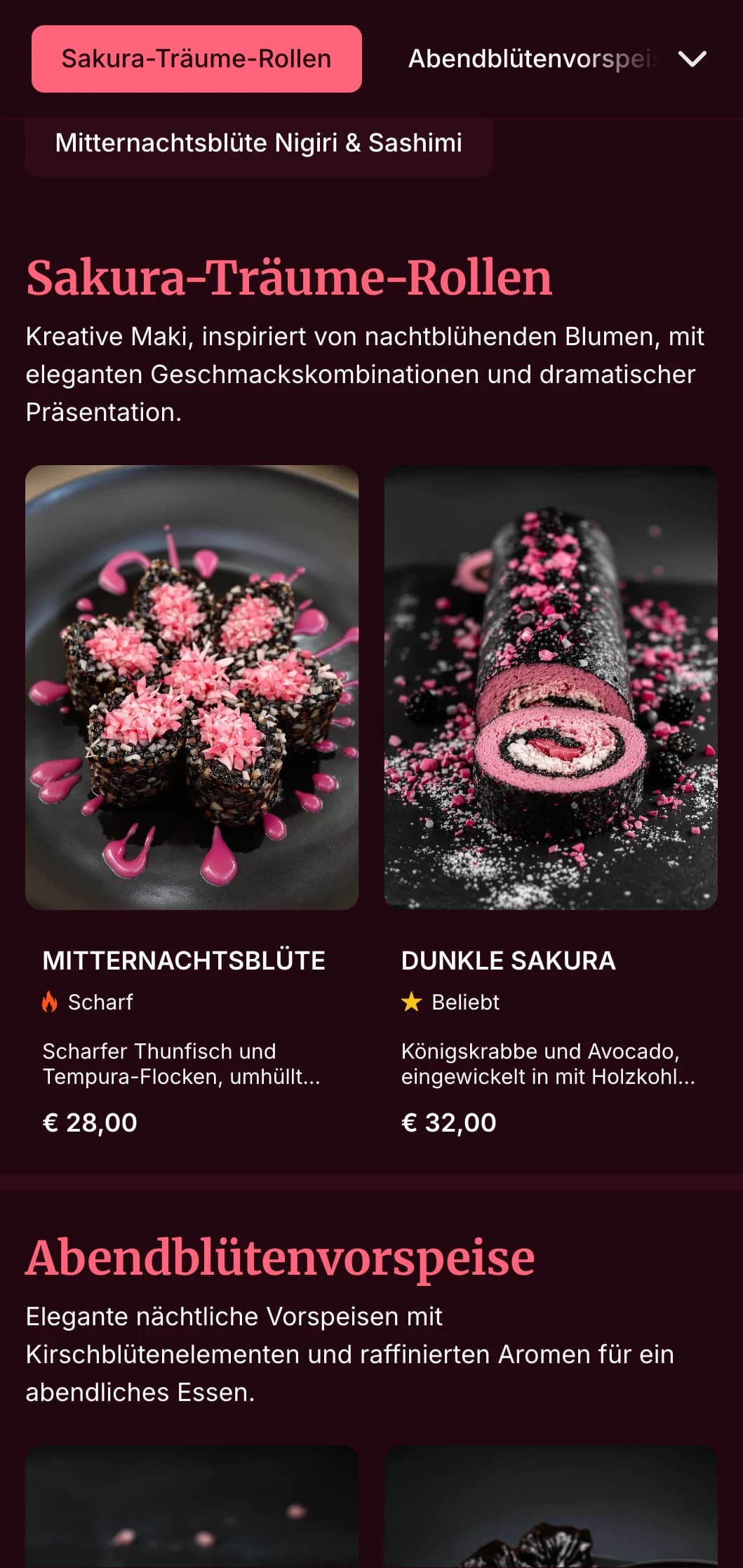 Elegantes abendliches Sushi-Erlebnis mit dramatischen Kirschblütenmotiven in tiefem Burgunderrot für gehobene Küche.